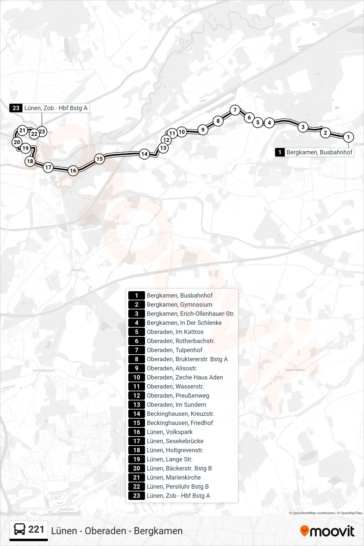 Linie 221 (Bus) Richtung Lünen, Zob - Hbf Bstg A: Route und Haltestellen auf der Karte