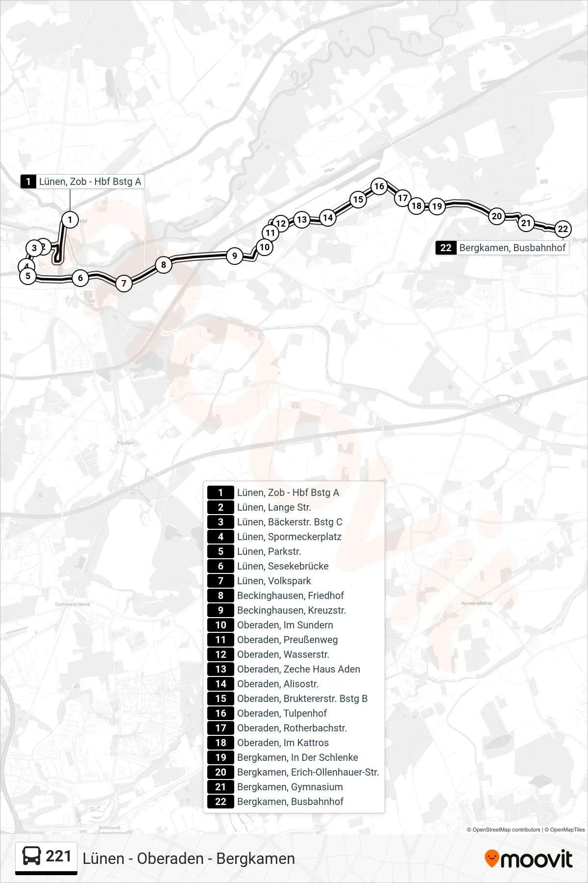 Linie 221 (Bus) Richtung Bergkamen, Busbahnhof Bstg D: Route und Haltestellen auf der Karte