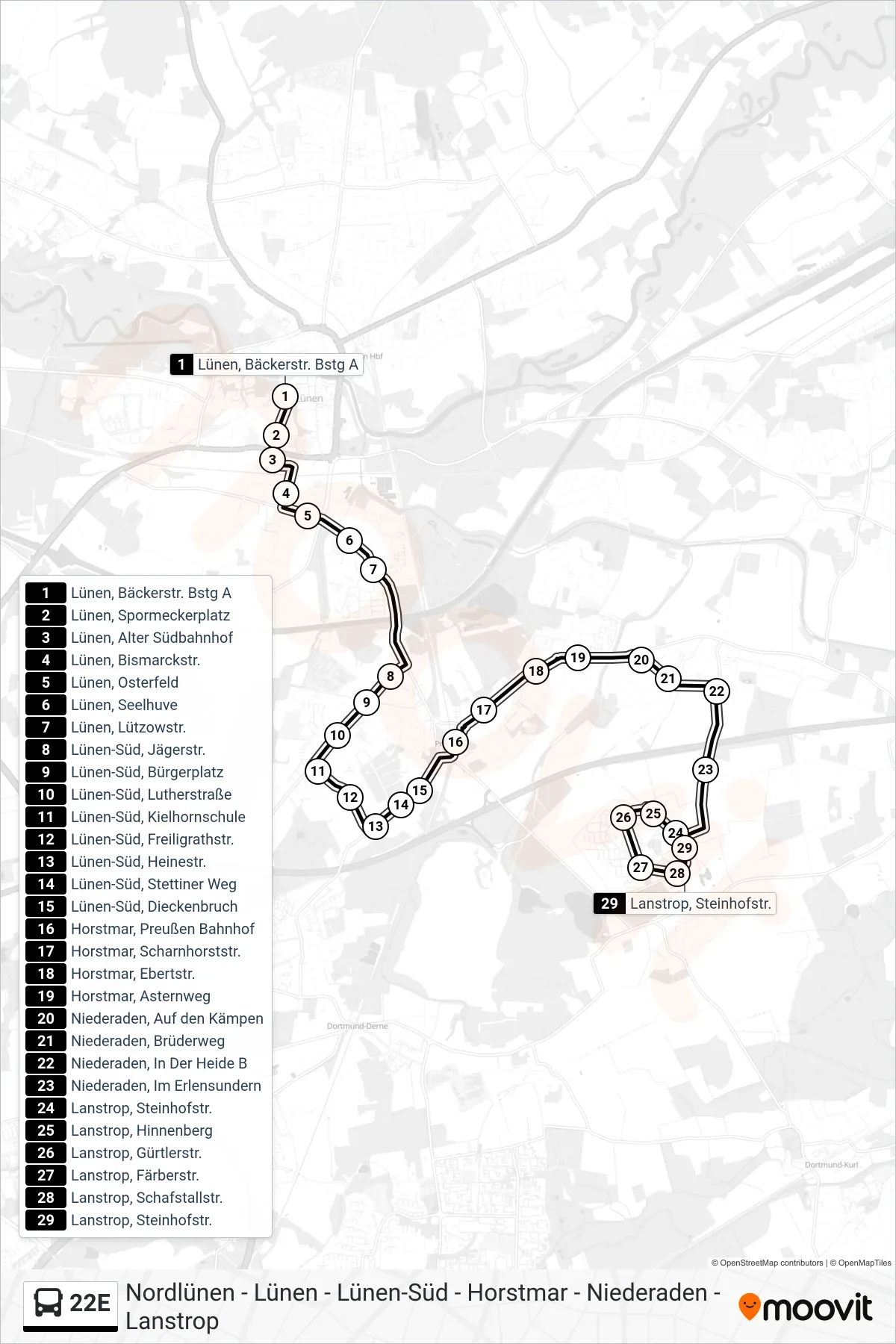 Linie 22E (Bus) Richtung Lanstrop, Steinhofstr.: Route und Haltestellen auf der Karte