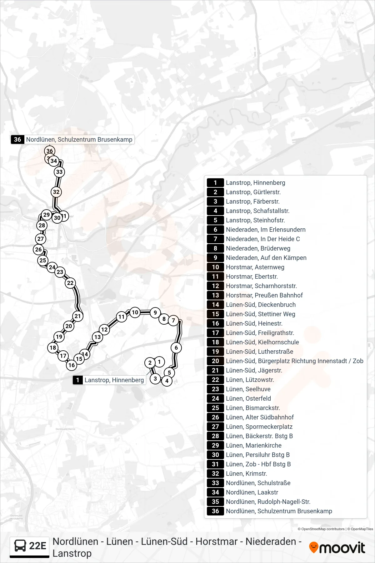 Linie 22E (Bus) Richtung Nordlünen, Schulzentrum Brusenkamp: Route und Haltestellen auf der Karte
