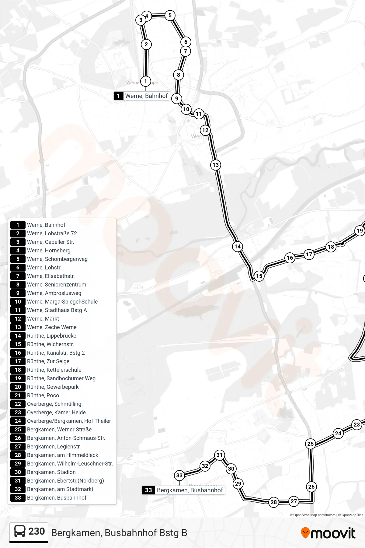 Linie 230 (Bus) Richtung Bergkamen, Busbahnhof Bstg B: Route und Haltestellen auf der Karte