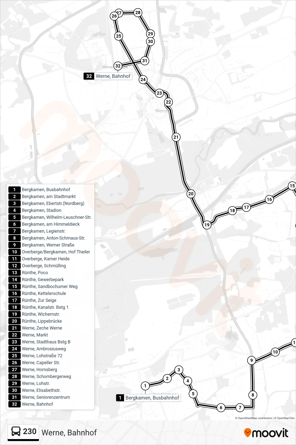 Linie 230 (Bus) Richtung Werne, Bahnhof: Route und Haltestellen auf der Karte
