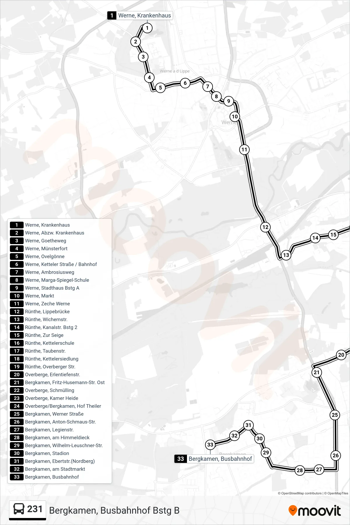 Linie 231 (Bus) Richtung Bergkamen, Busbahnhof Bstg B: Route und Haltestellen auf der Karte