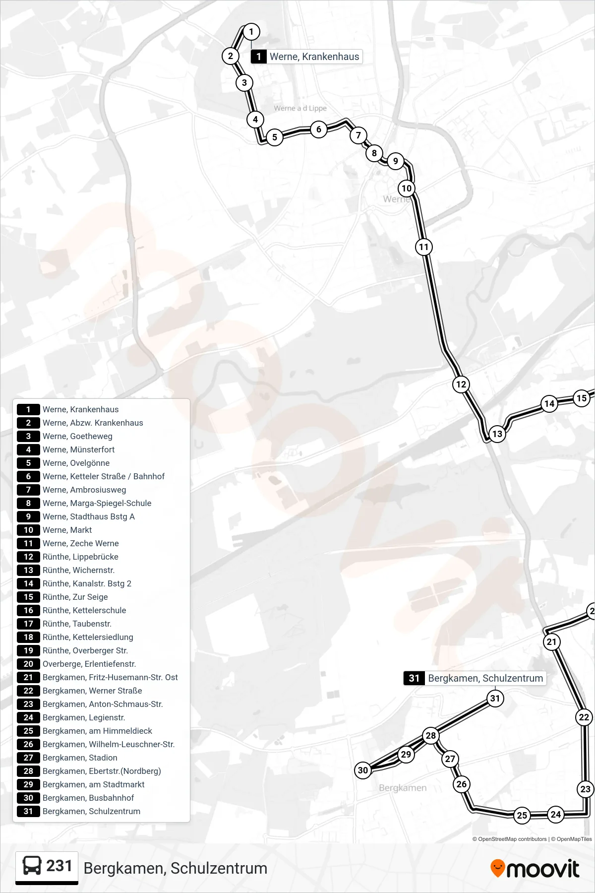 Linie 231 (Bus) Richtung Bergkamen, Schulzentrum: Route und Haltestellen auf der Karte