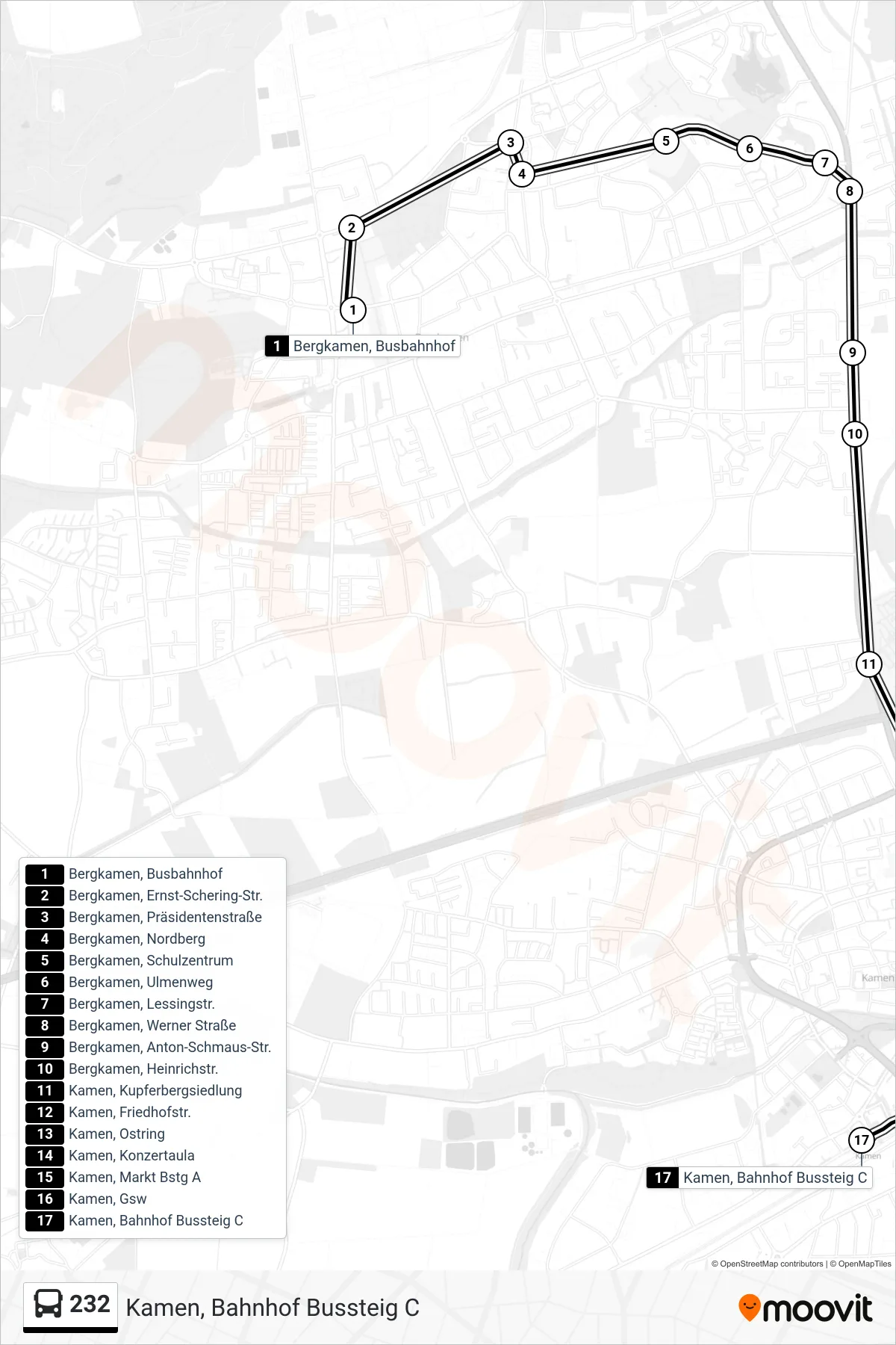 232 bus Line (Kamen, Bahnhof Bussteig C) route and stops on a map