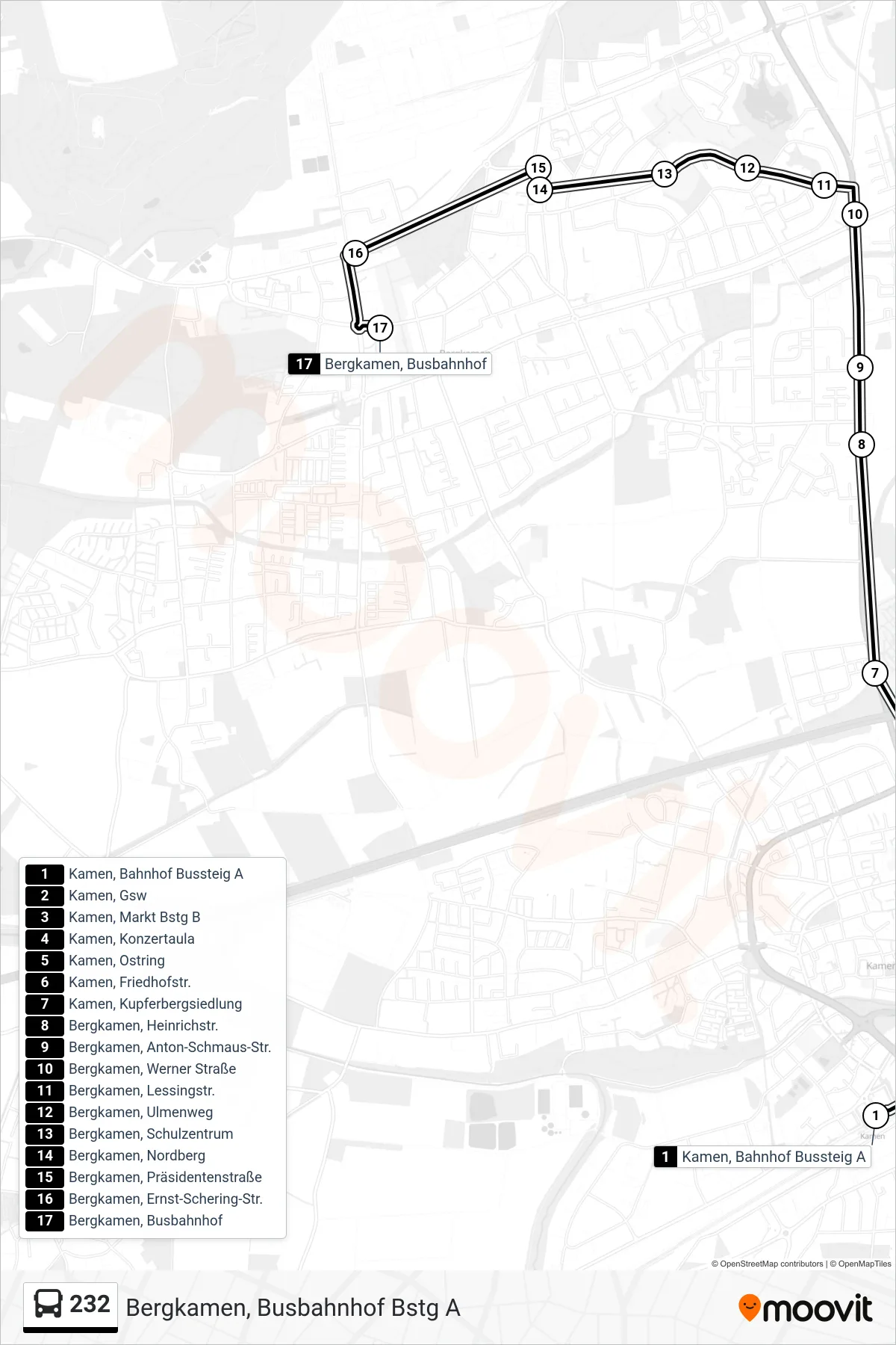Linie 232 (Bus) Richtung Bergkamen, Busbahnhof Bstg A: Route und Haltestellen auf der Karte