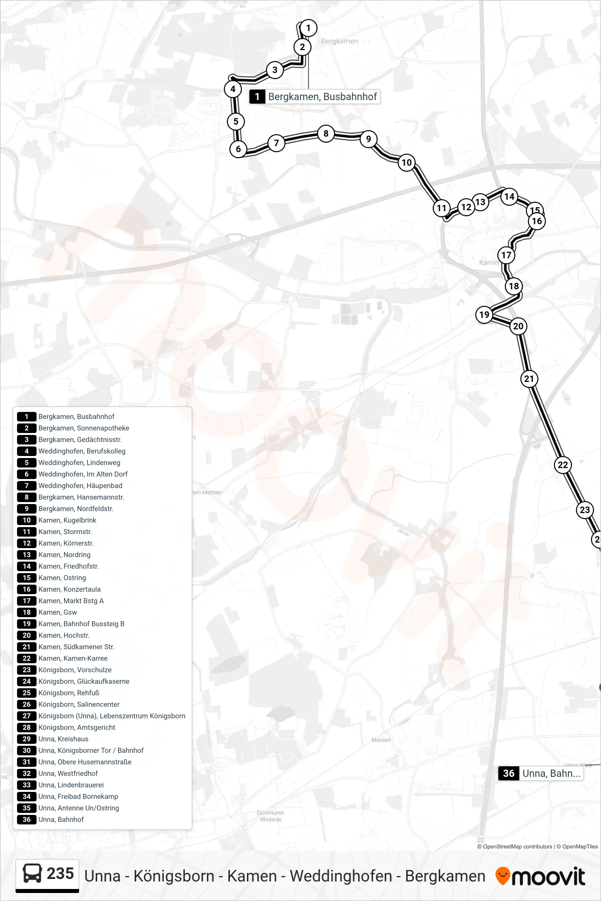 235 bus Line (Unna, Bahnhof A) route and stops on a map