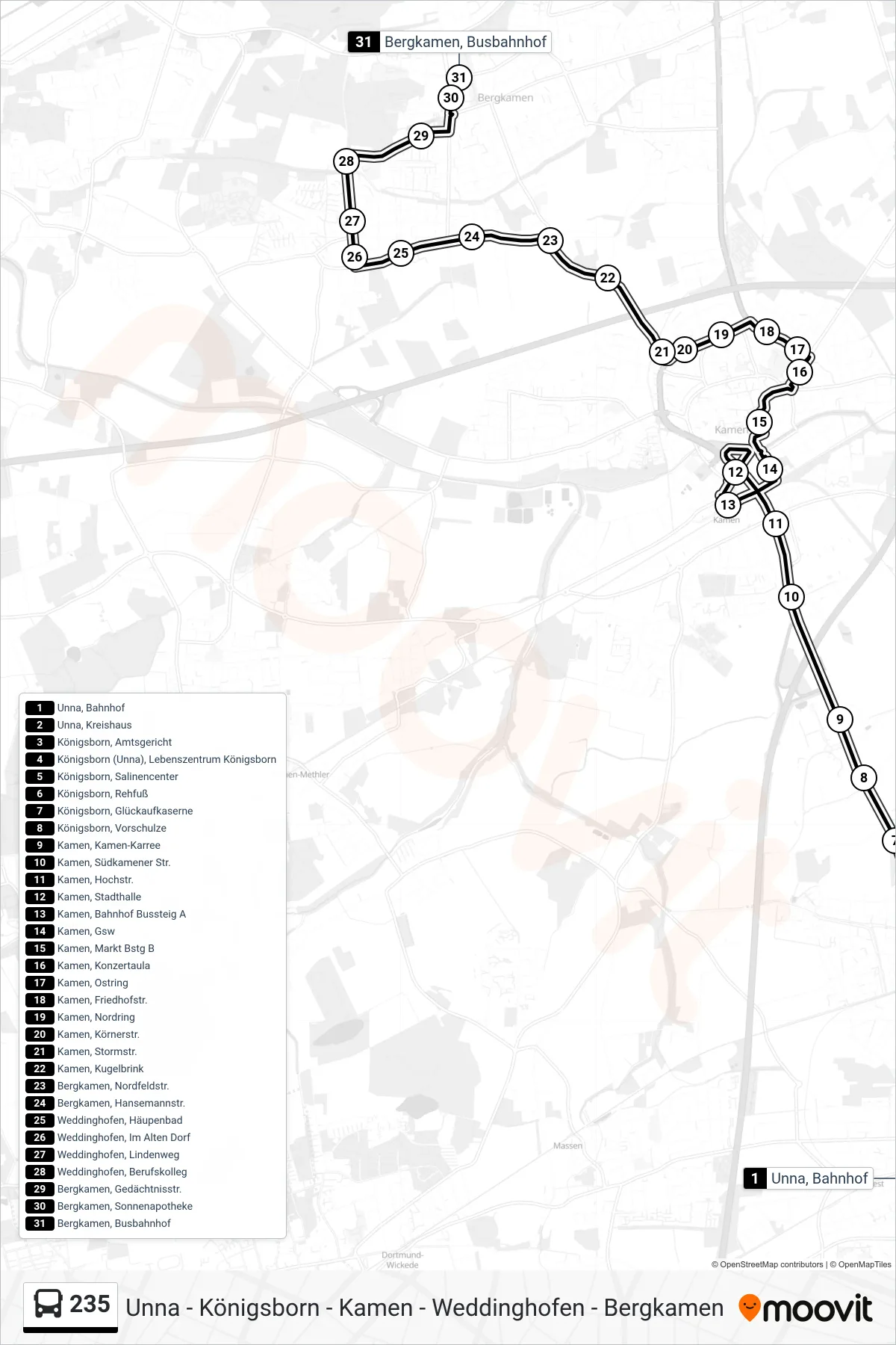 Linie 235 (Bus) Richtung Bergkamen, Busbahnhof Bstg D: Route und Haltestellen auf der Karte