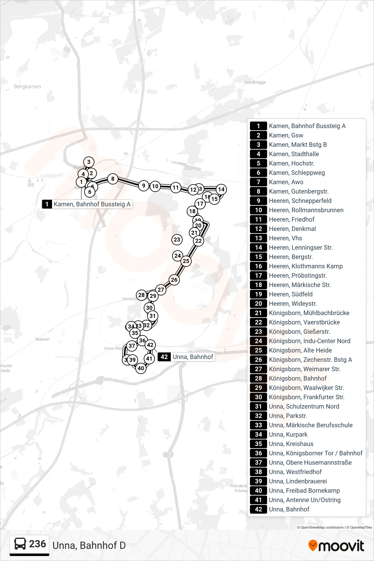 Linie 236 (Bus) Richtung Unna, Bahnhof D: Route und Haltestellen auf der Karte