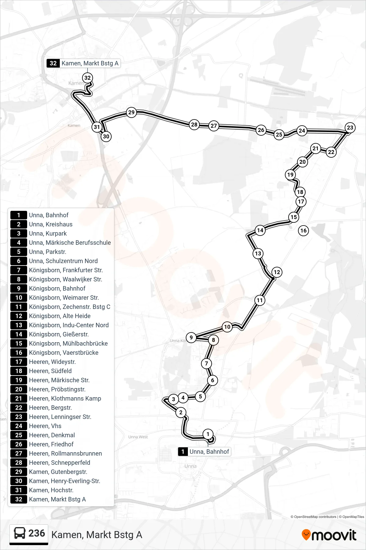 Linie 236 (Bus) Richtung Kamen, Markt Bstg A: Route und Haltestellen auf der Karte