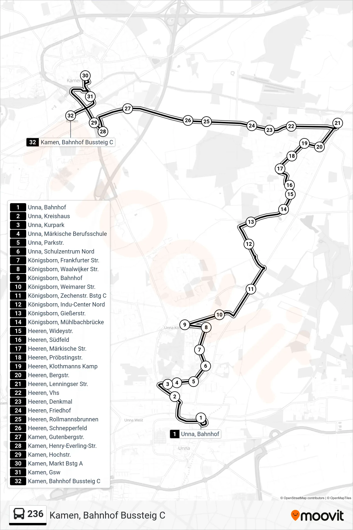 Linie 236 (Bus) Richtung Kamen, Bahnhof Bussteig C: Route und Haltestellen auf der Karte