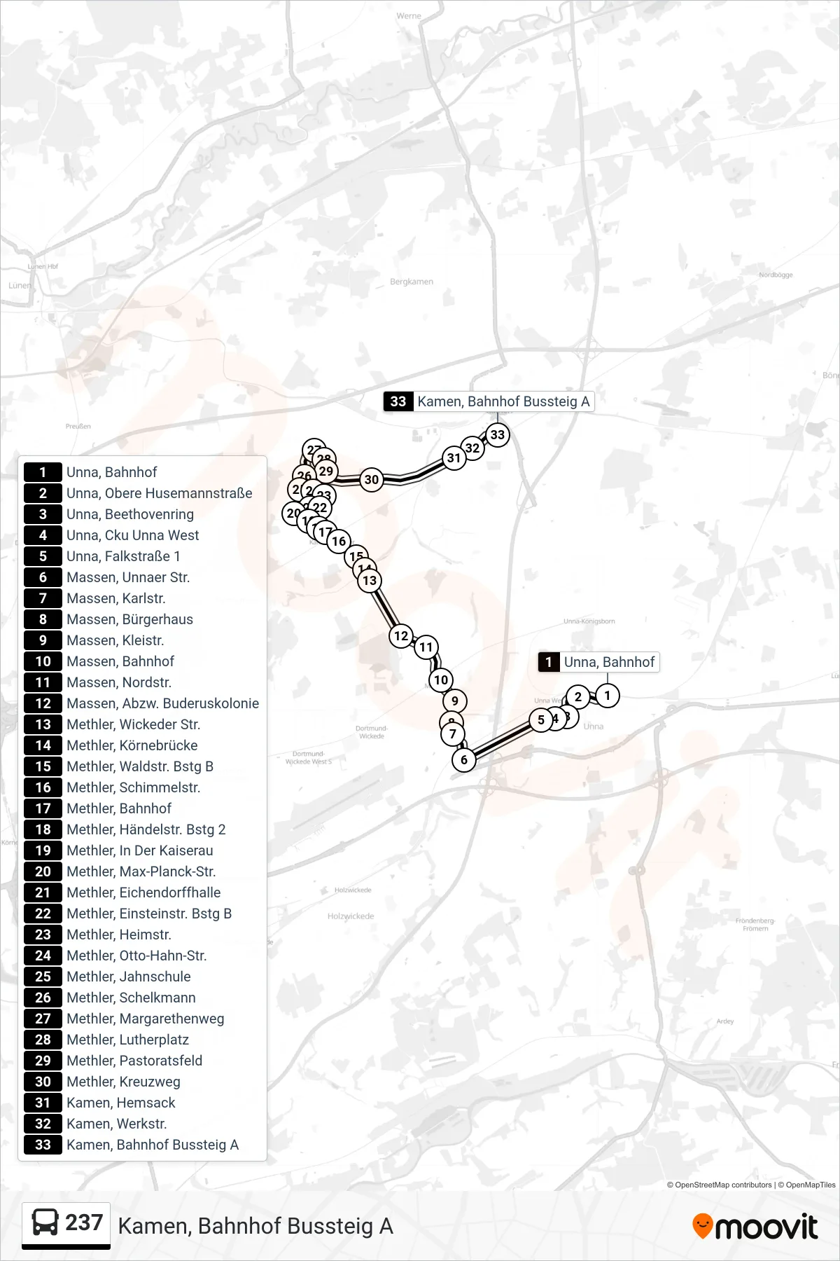 Linie 237 (Bus) Richtung Kamen, Bahnhof Bussteig A: Route und Haltestellen auf der Karte