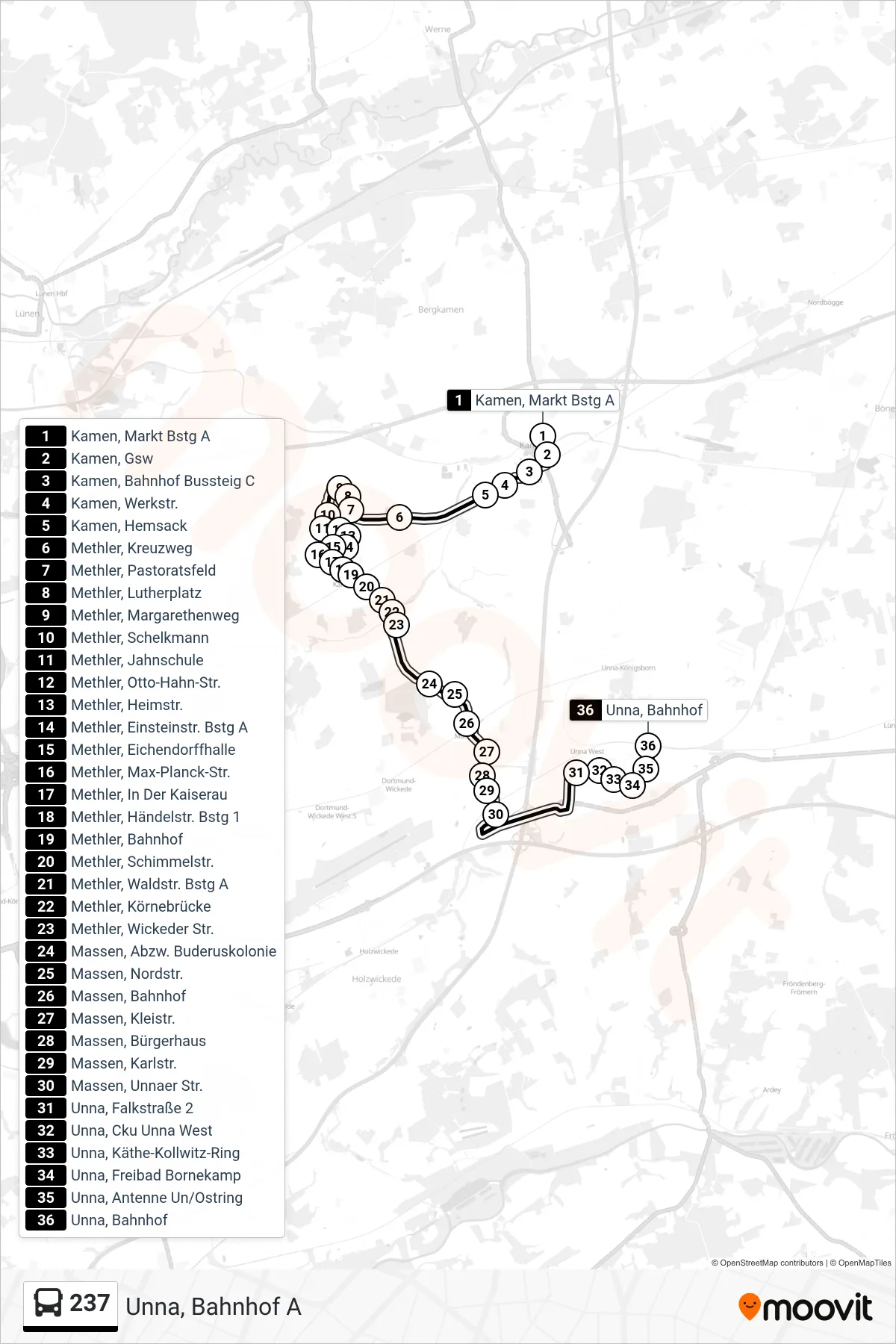 Linie 237 (Bus) Richtung Unna, Bahnhof A: Route und Haltestellen auf der Karte