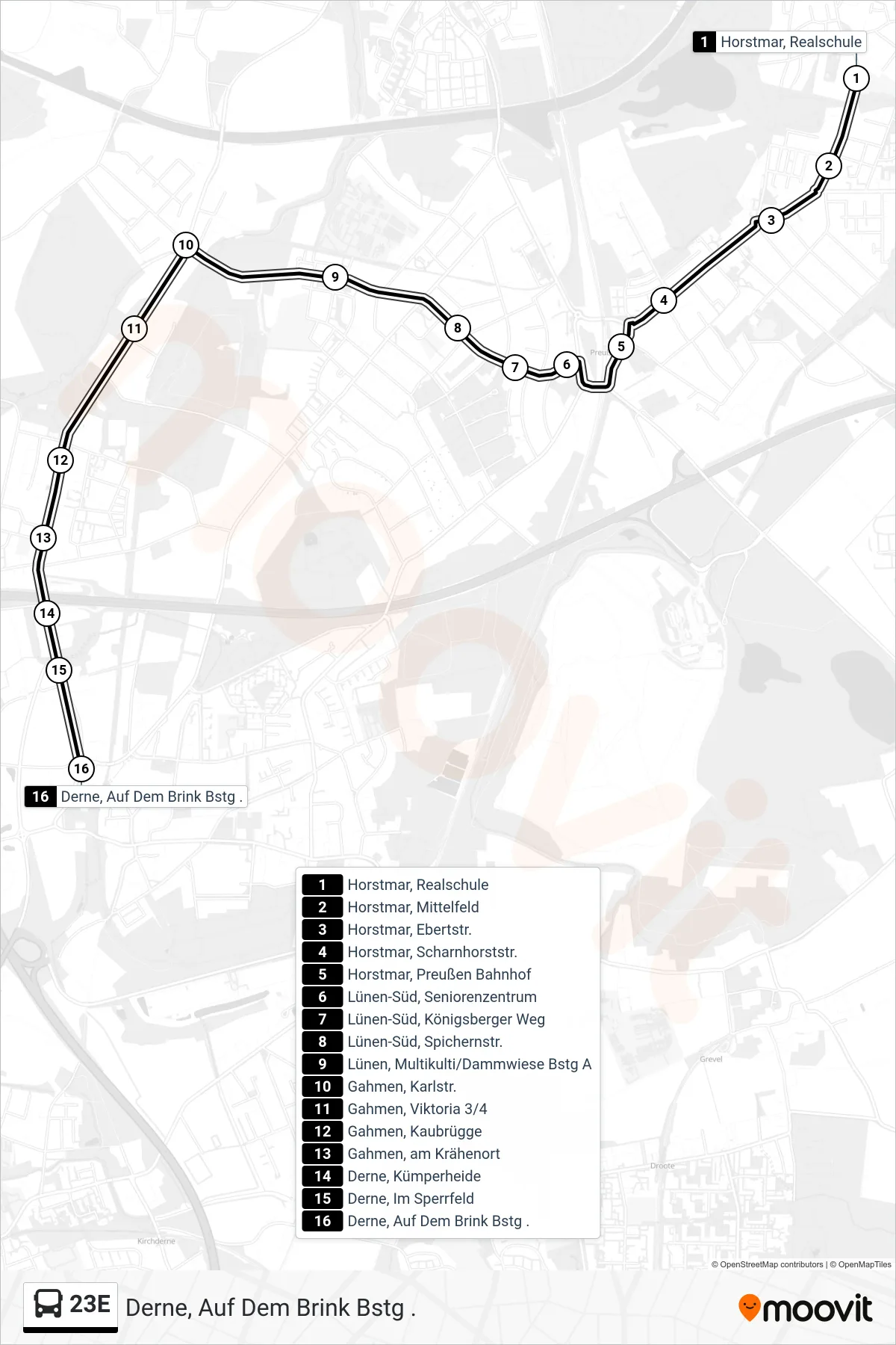 Linie 23E (Bus) Richtung Derne,  Auf Dem Brink Bstg .: Route und Haltestellen auf der Karte