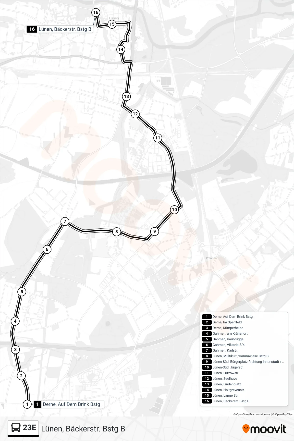 Linie 23E (Bus) Richtung Lünen, Bäckerstr. Bstg B: Route und Haltestellen auf der Karte