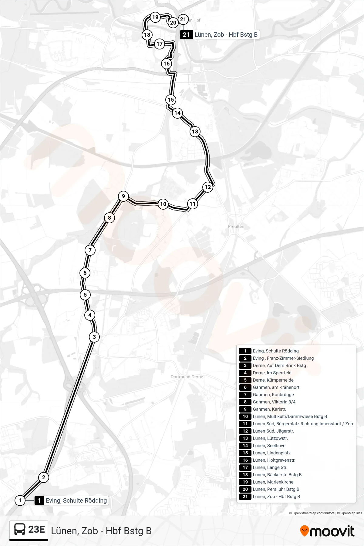Linie 23E (Bus) Richtung Lünen, Zob - Hbf Bstg B: Route und Haltestellen auf der Karte