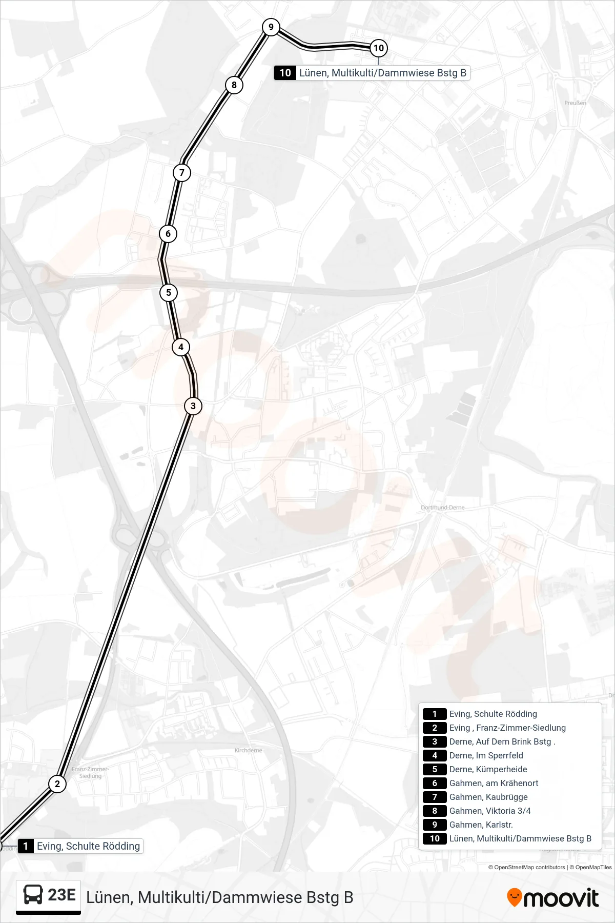 Linie 23E (Bus) Richtung Lünen, Multikulti/Dammwiese Bstg B: Route und Haltestellen auf der Karte