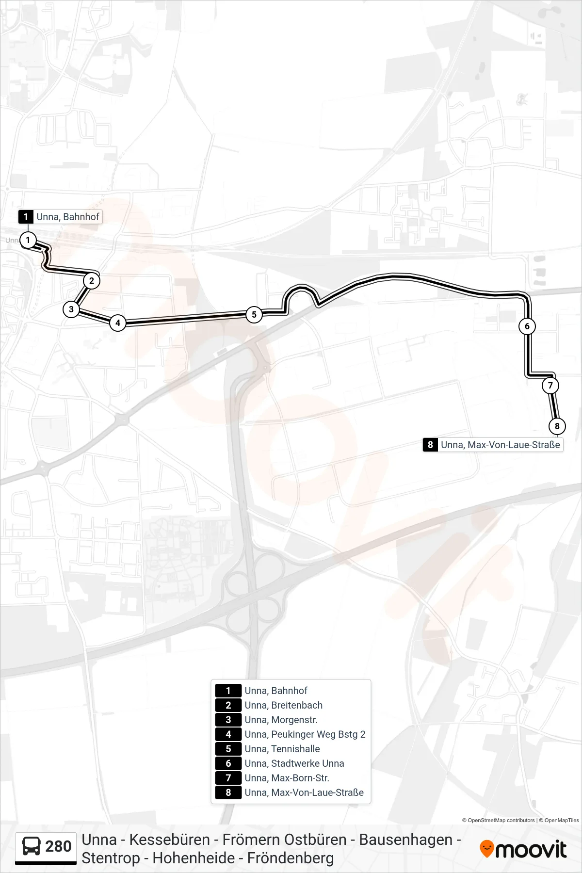 Linie 280 (Bus) Richtung Unna, Max-Von-Laue-Straße: Route und Haltestellen auf der Karte