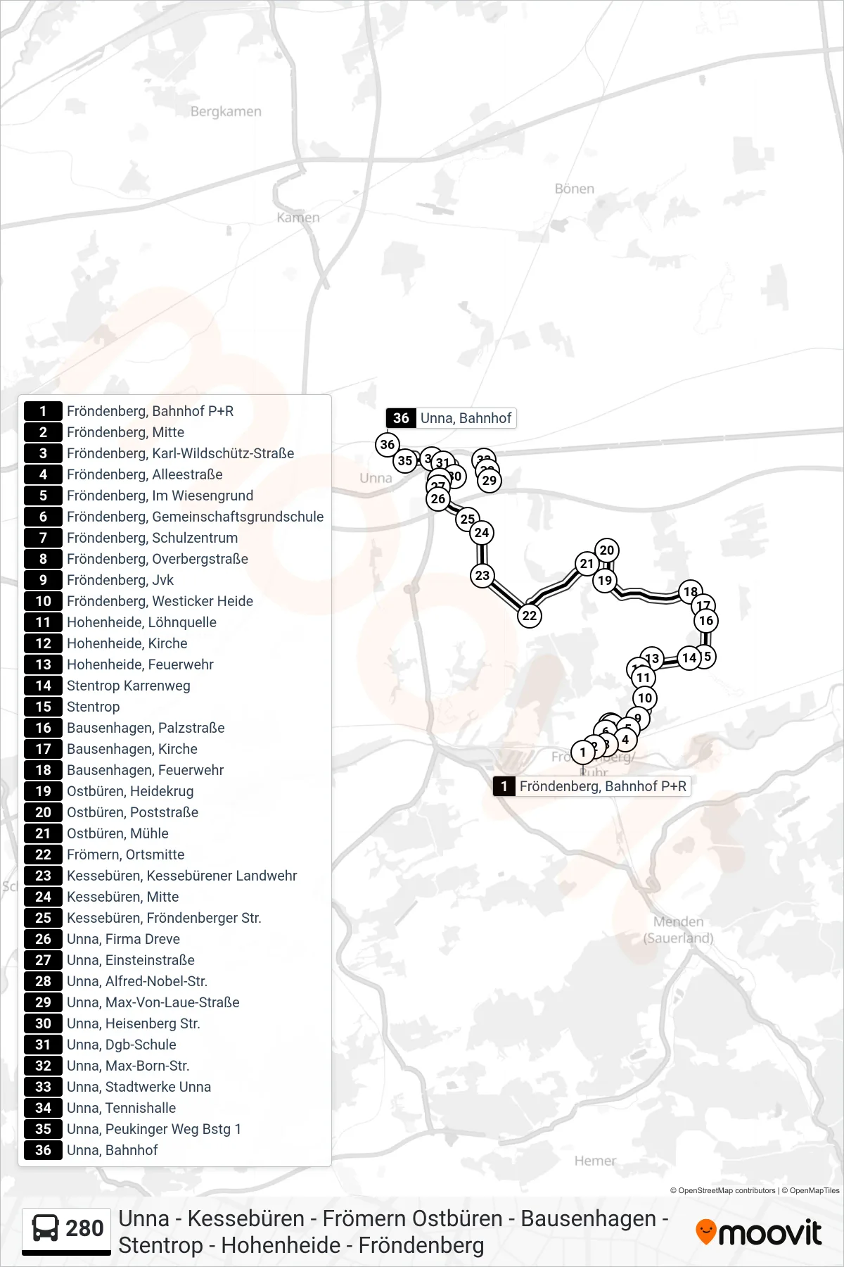 Linie 280 (Bus) Richtung Unna, Bahnhof A: Route und Haltestellen auf der Karte