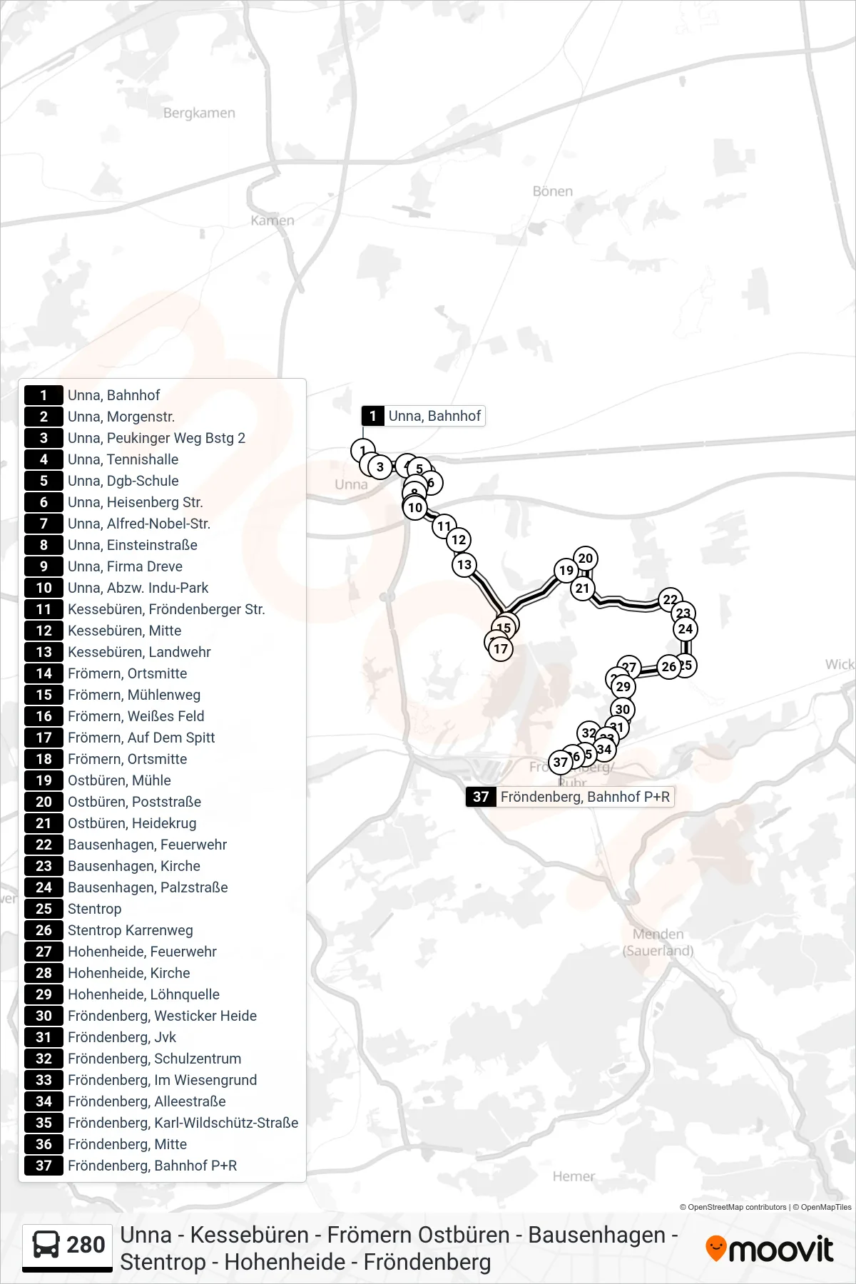 Linie 280 (Bus) Richtung Fröndenberg, Bahnhof P+R: Route und Haltestellen auf der Karte