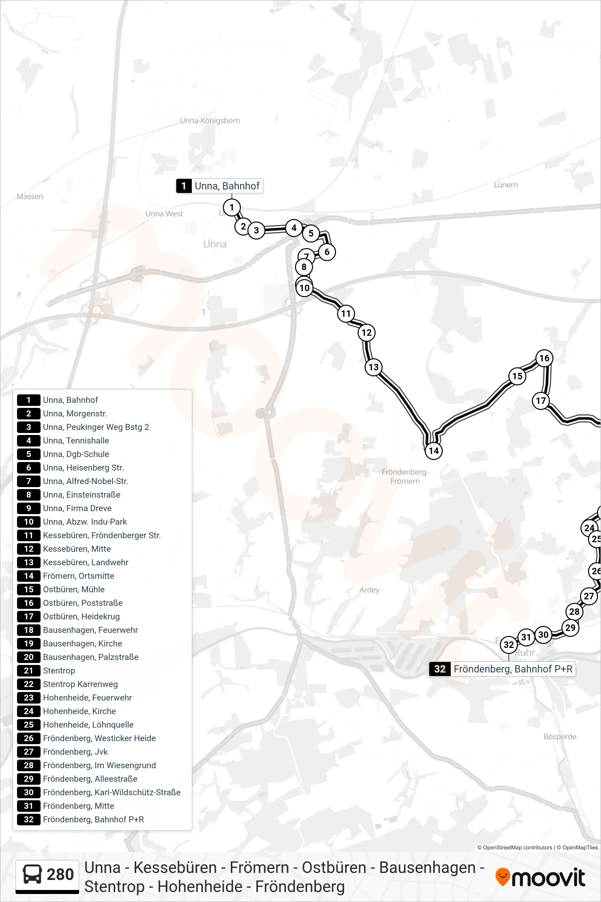 Linie 280 (Bus) Richtung Fröndenberg, Bahnhof P+R: Route und Haltestellen auf der Karte
