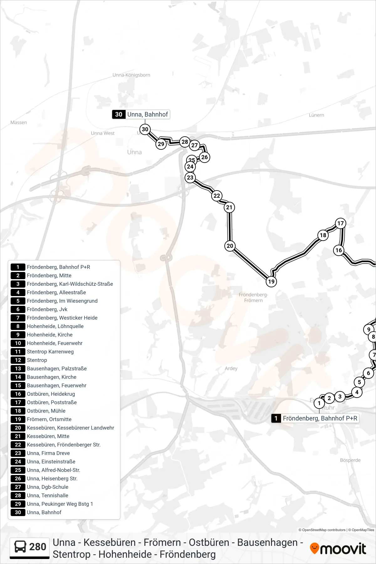 Linie 280 (Bus) Richtung Unna, Bahnhof A: Route und Haltestellen auf der Karte