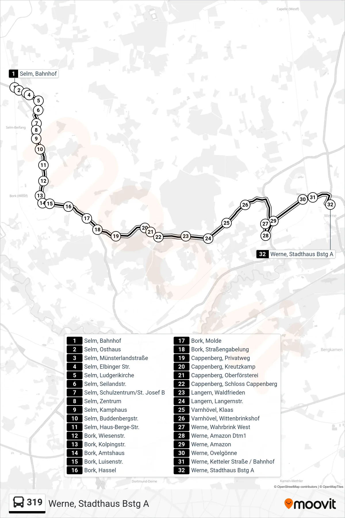 Linie 319 (Bus) Richtung Werne, Stadthaus Bstg A: Route und Haltestellen auf der Karte