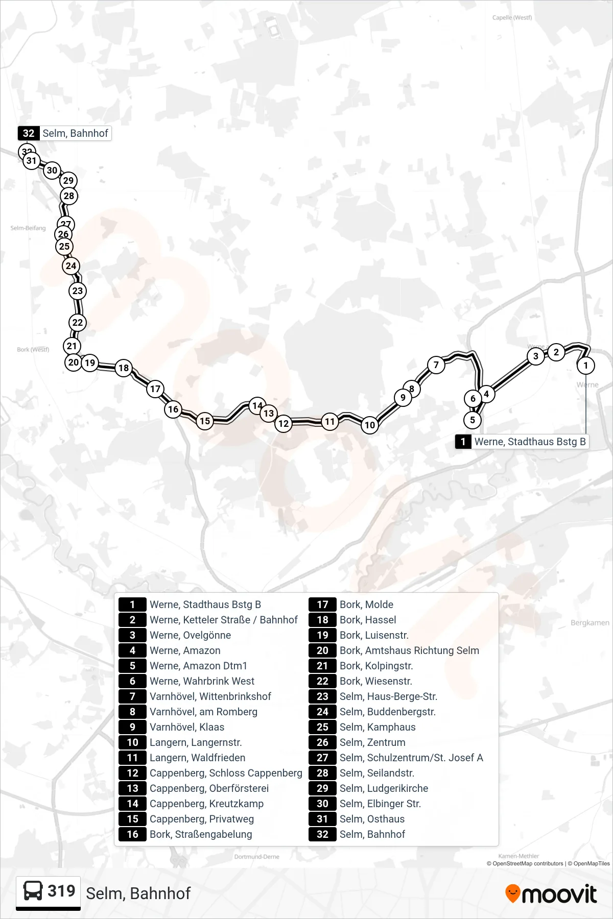 Linie 319 (Bus) Richtung Selm, Bahnhof: Route und Haltestellen auf der Karte
