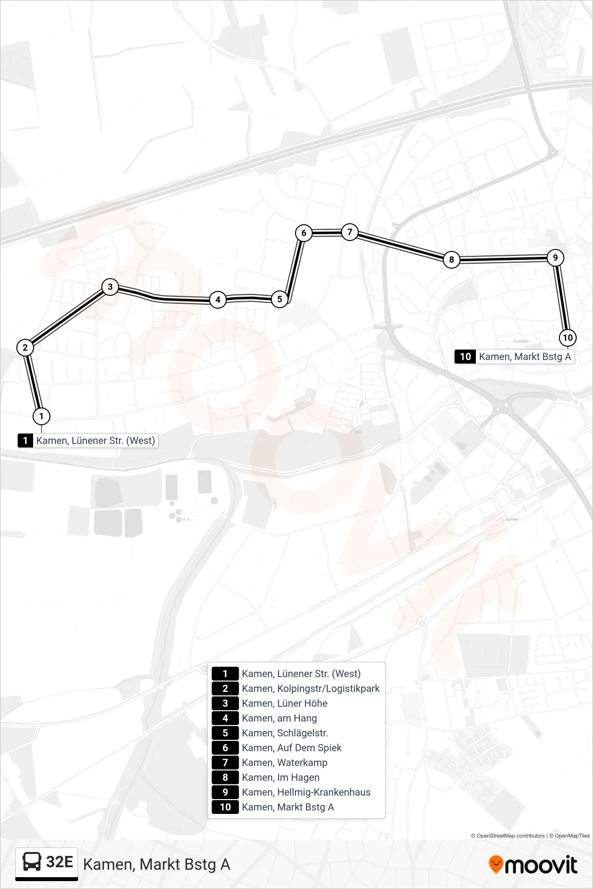 Linie 32E (Bus) Richtung Kamen, Markt Bstg A: Route und Haltestellen auf der Karte