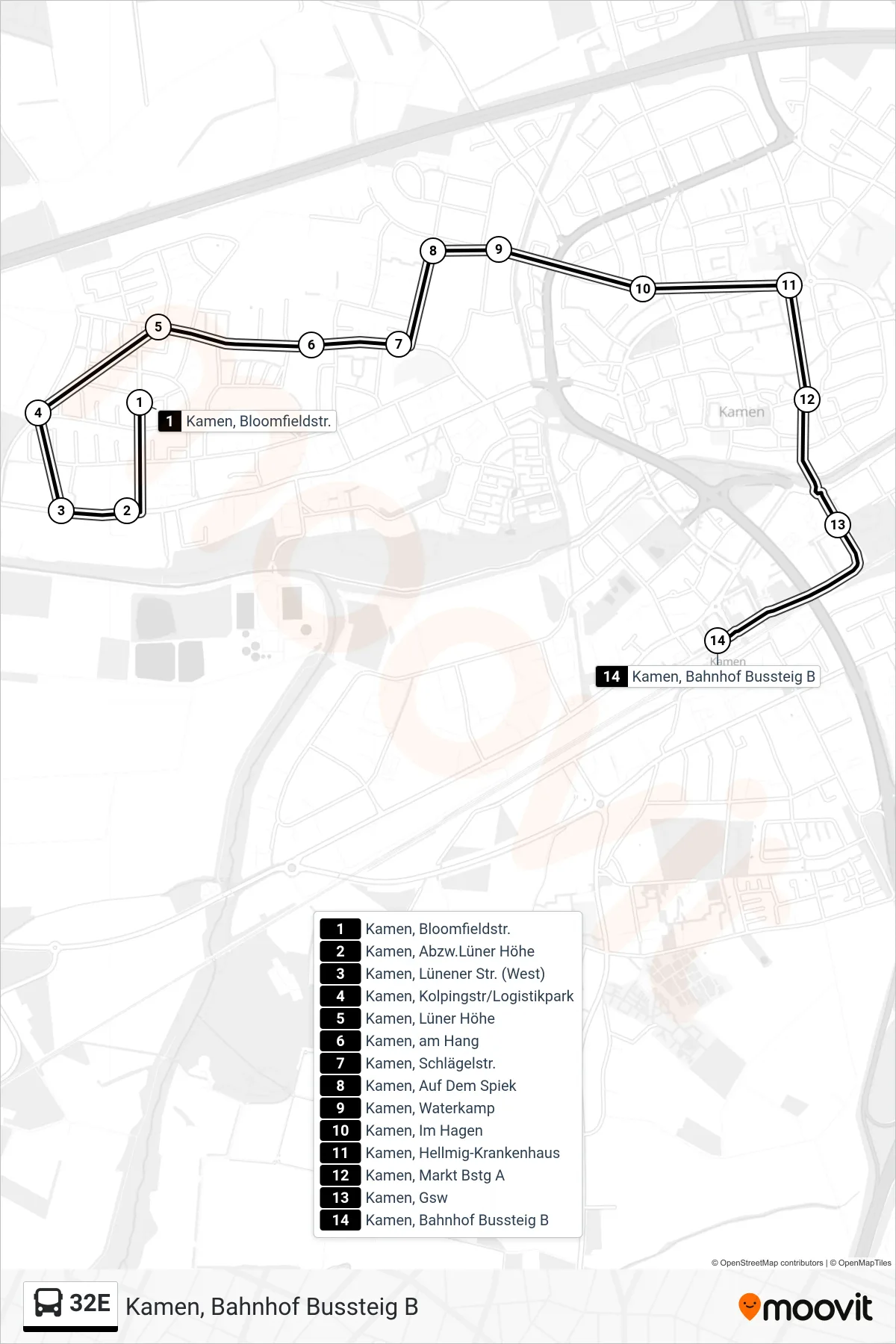 32E bus Line (Kamen, Bahnhof Bussteig B) route and stops on a map