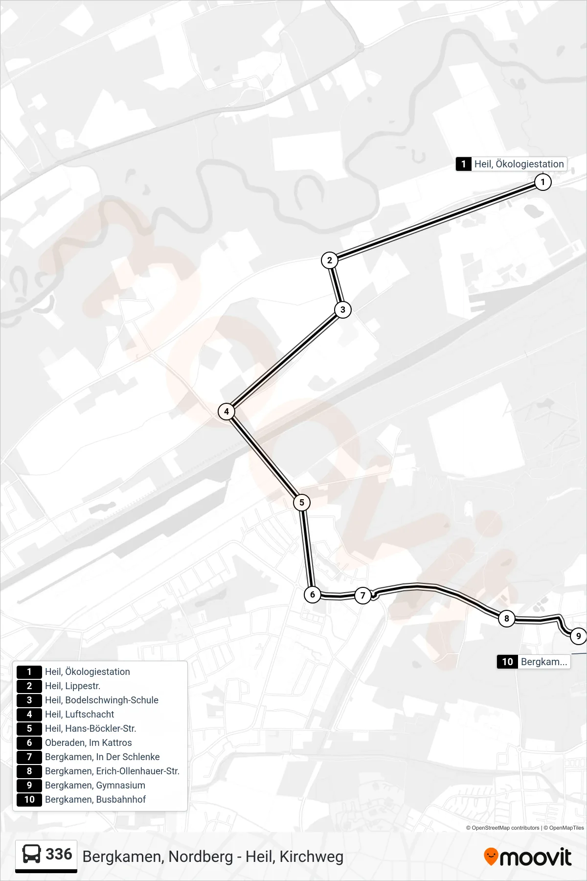 336 bus Line (Bergkamen, Busbahnhof Bstg C) route and stops on a map