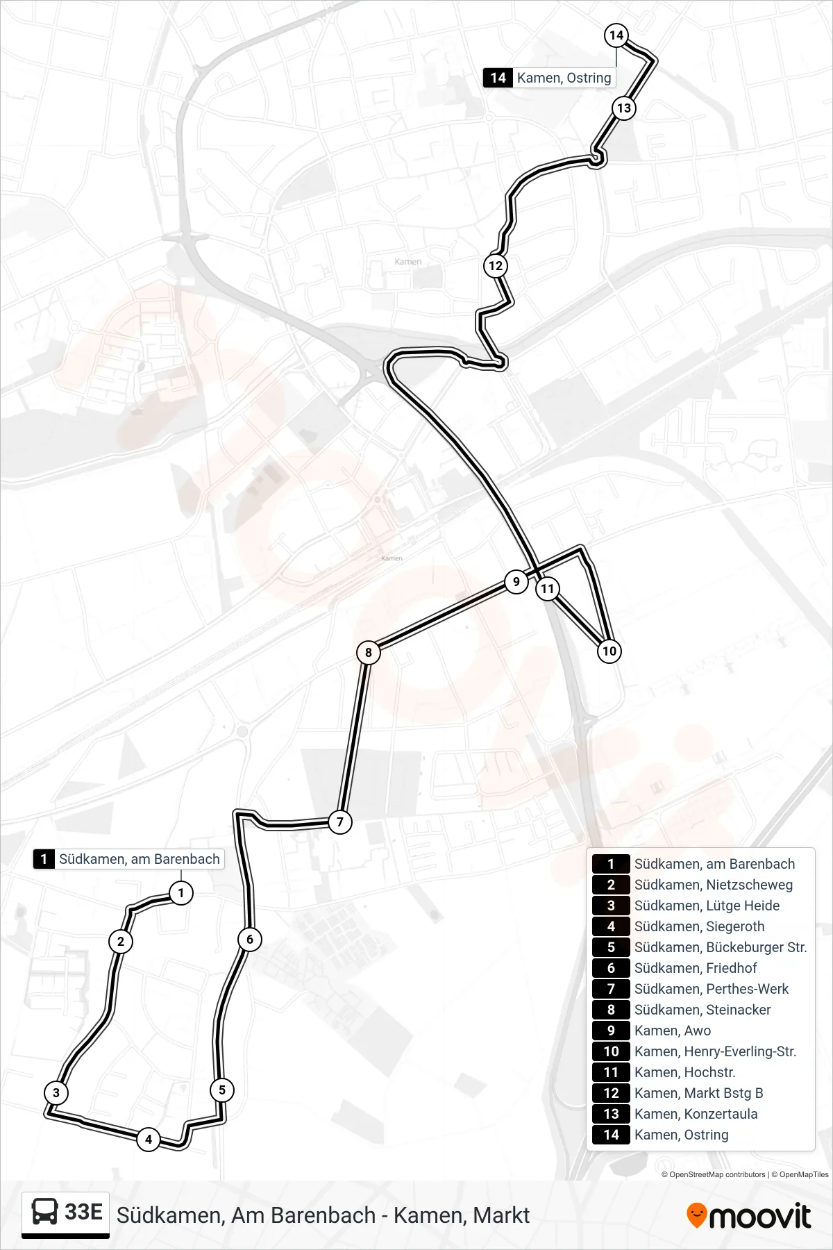 Linie 33E (Bus) Richtung Kamen, Ostring: Route und Haltestellen auf der Karte