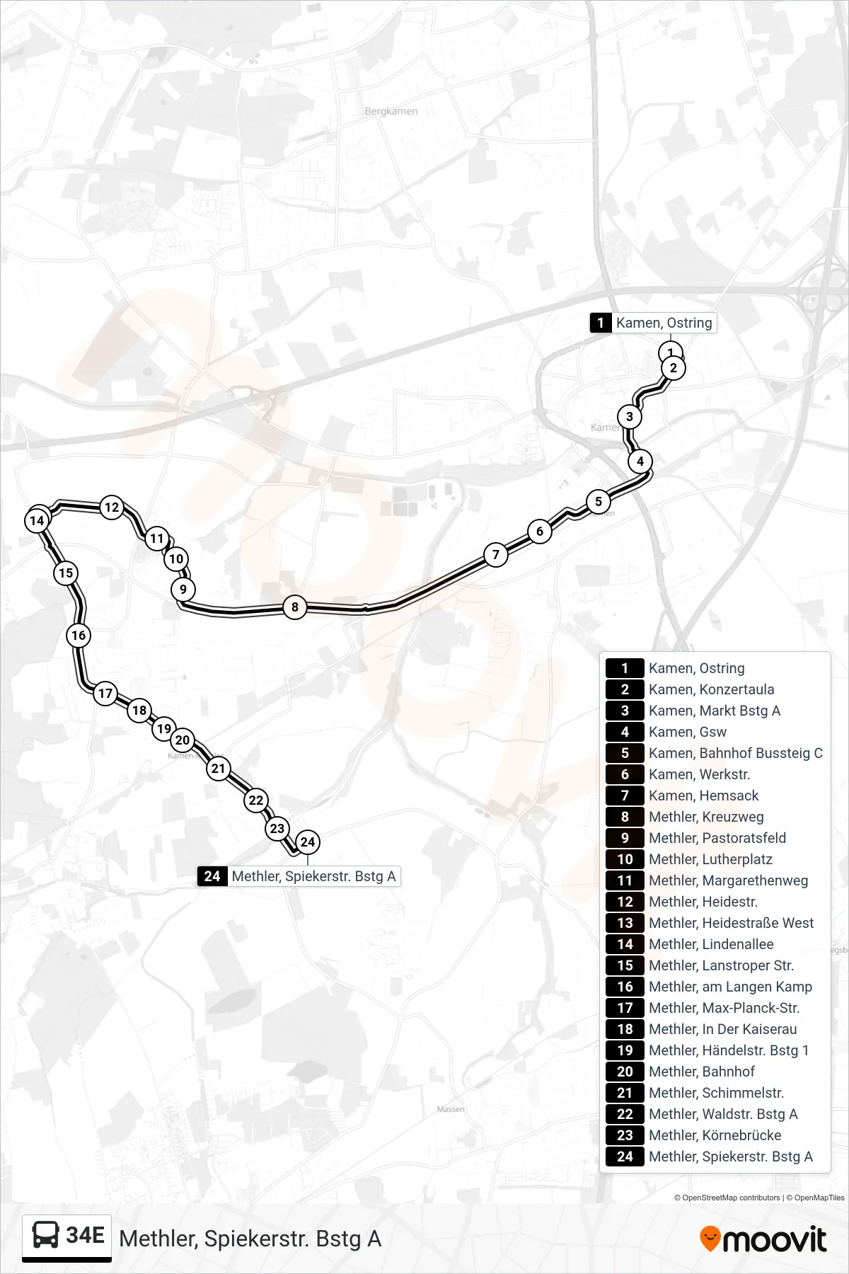 Linie 34E (Bus) Richtung Methler, Spiekerstr. Bstg A: Route und Haltestellen auf der Karte