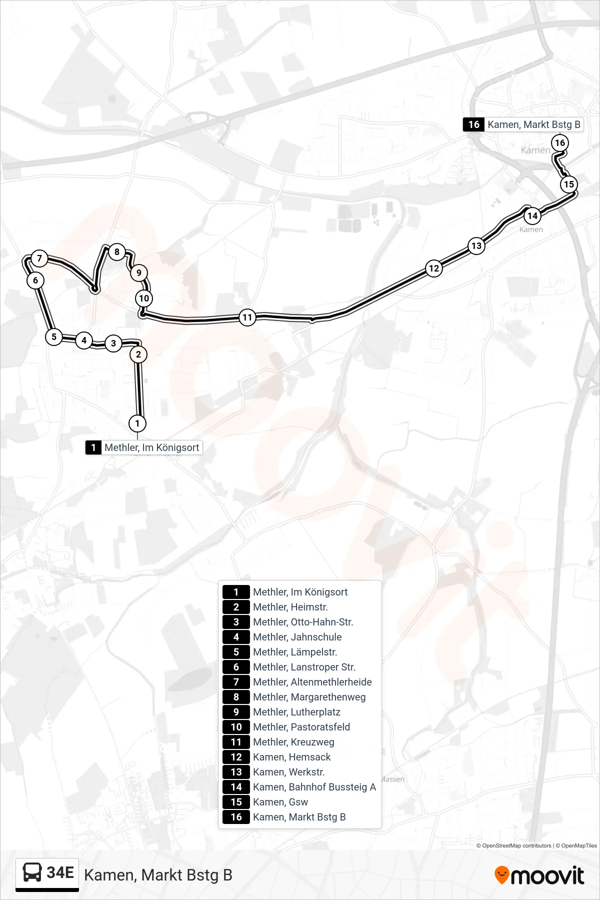 Linie 34E (Bus) Richtung Kamen, Markt Bstg B: Route und Haltestellen auf der Karte