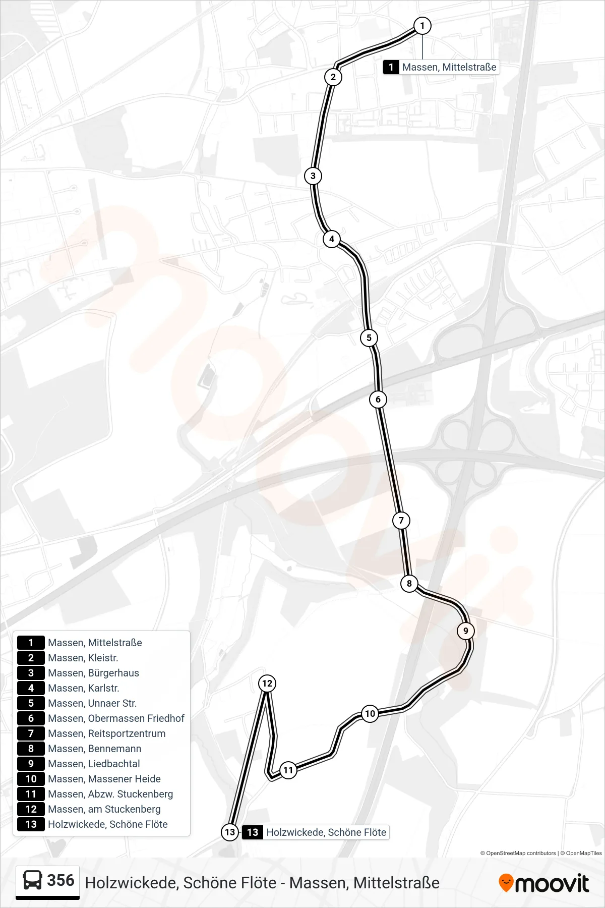 Linie 356 (Bus) Richtung Holzwickede, Schöne Flöte: Route und Haltestellen auf der Karte