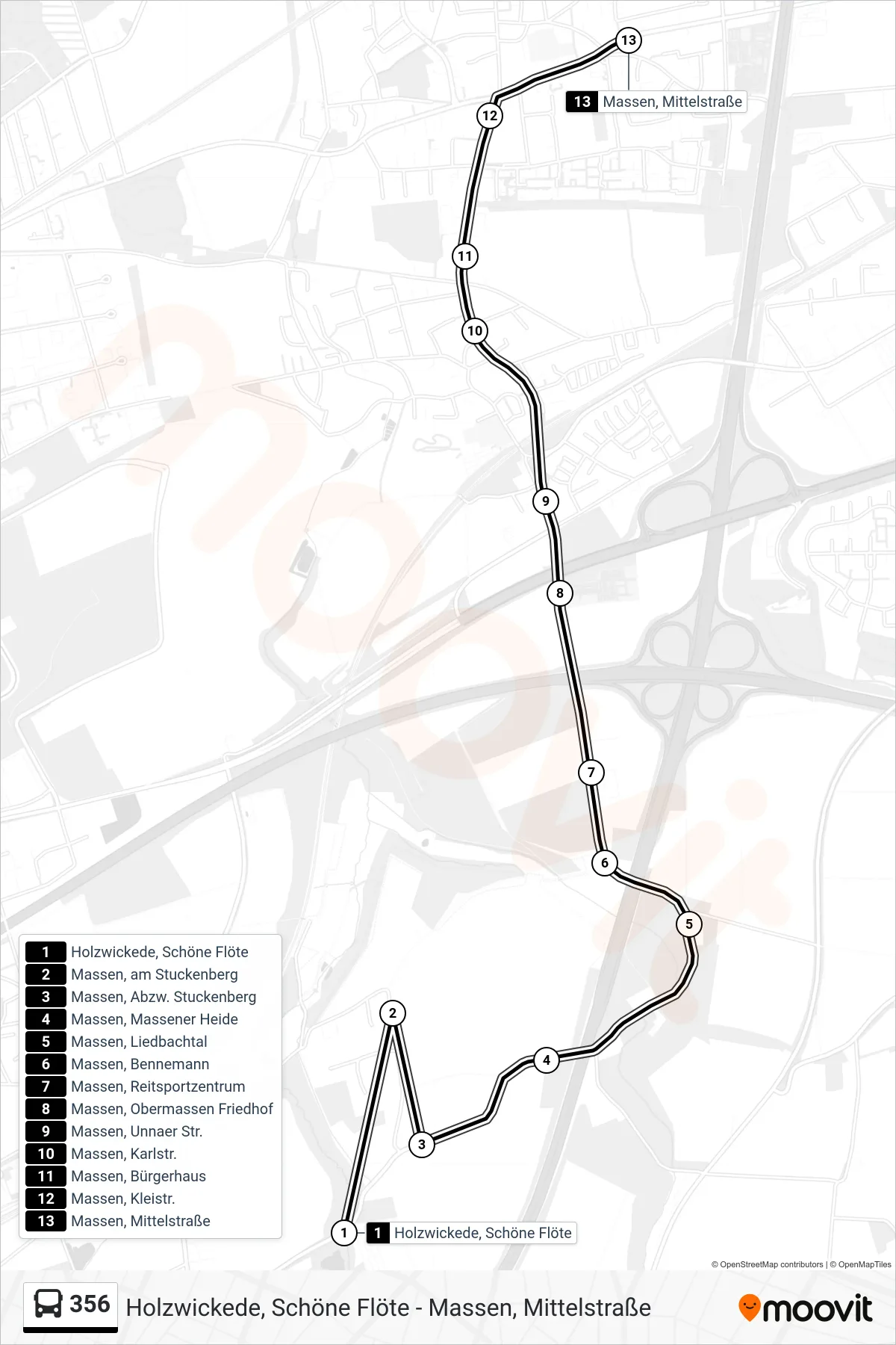 Linie 356 (Bus) Richtung Massen, Mittelstraße: Route und Haltestellen auf der Karte