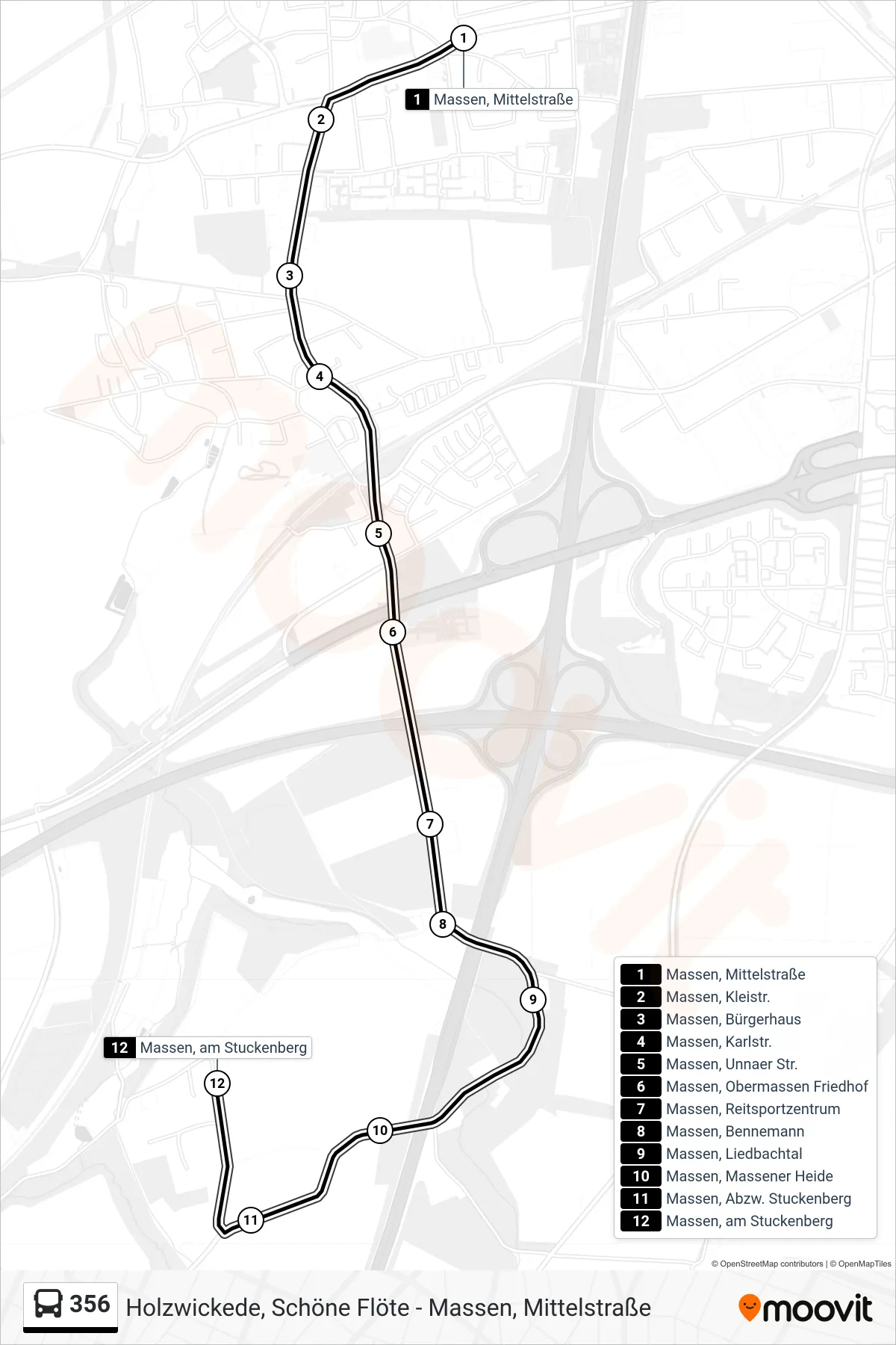 Linie 356 (Bus) Richtung Massen, am Stuckenberg: Route und Haltestellen auf der Karte