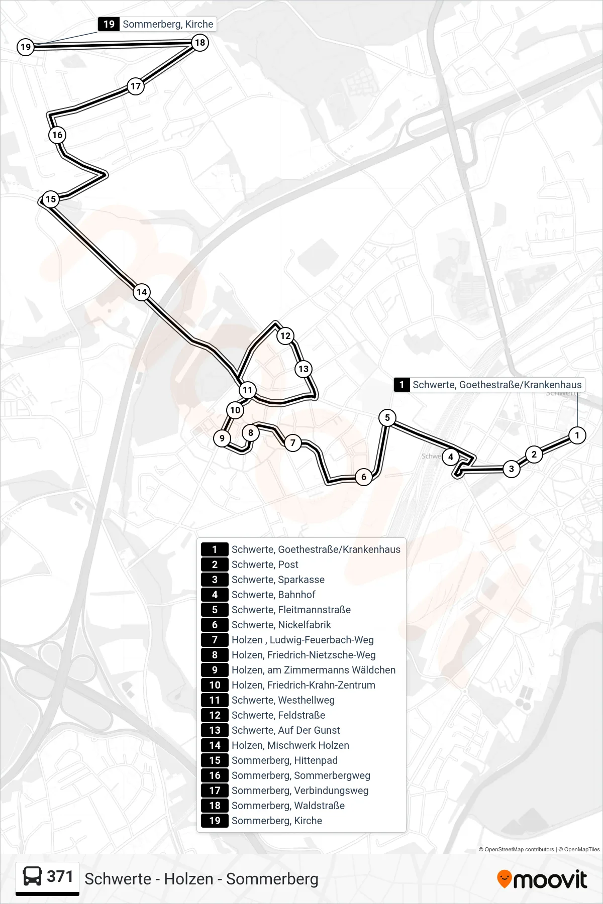 Linie 371 (Bus) Richtung Sommerberg, Kirche: Route und Haltestellen auf der Karte