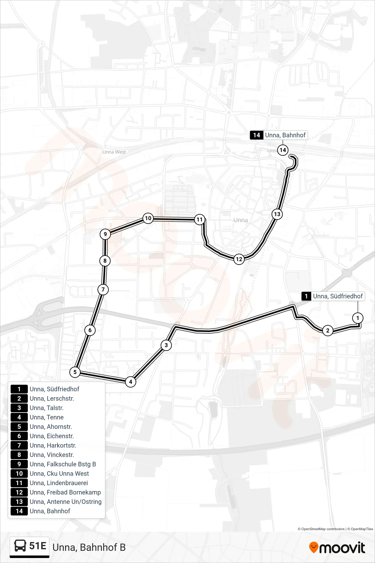 Linie 51E (Bus) Richtung Unna, Bahnhof B: Route und Haltestellen auf der Karte
