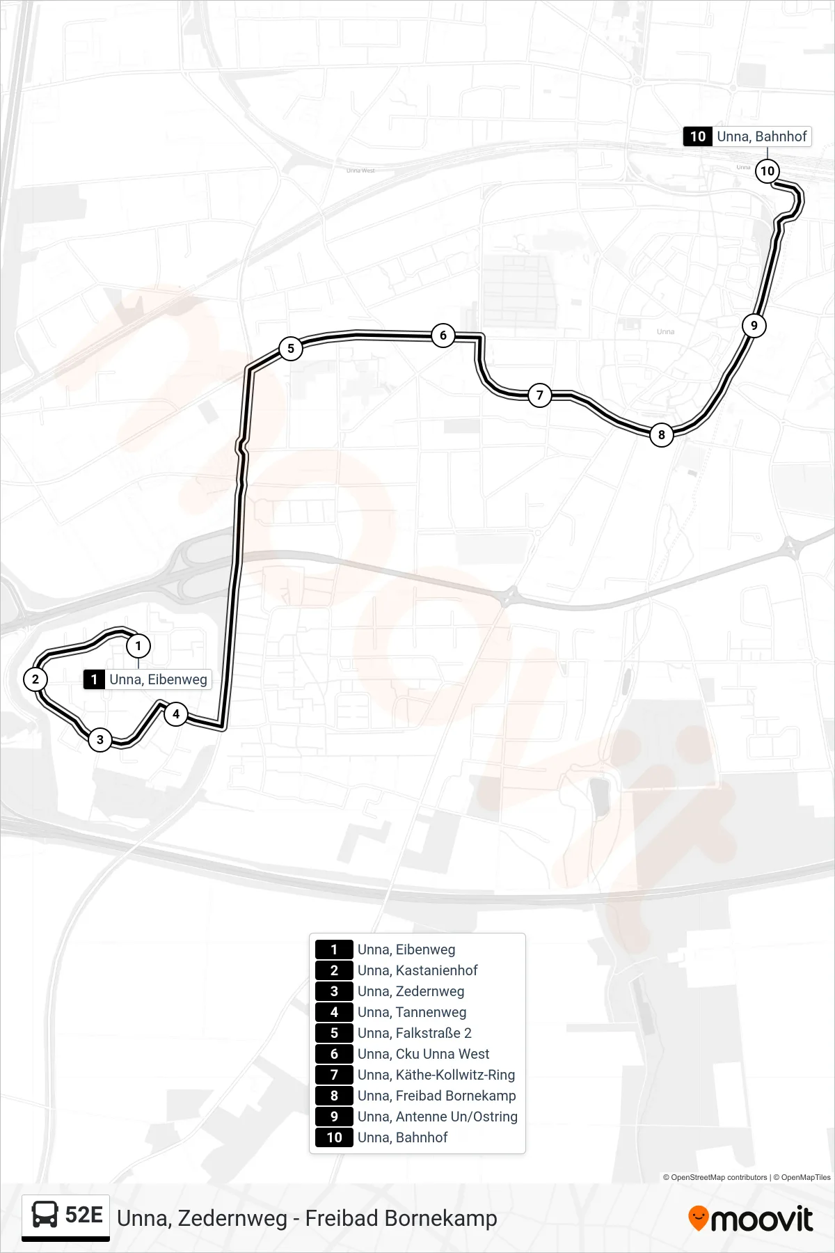Linie 52E (Bus) Richtung Unna, Bahnhof A: Route und Haltestellen auf der Karte