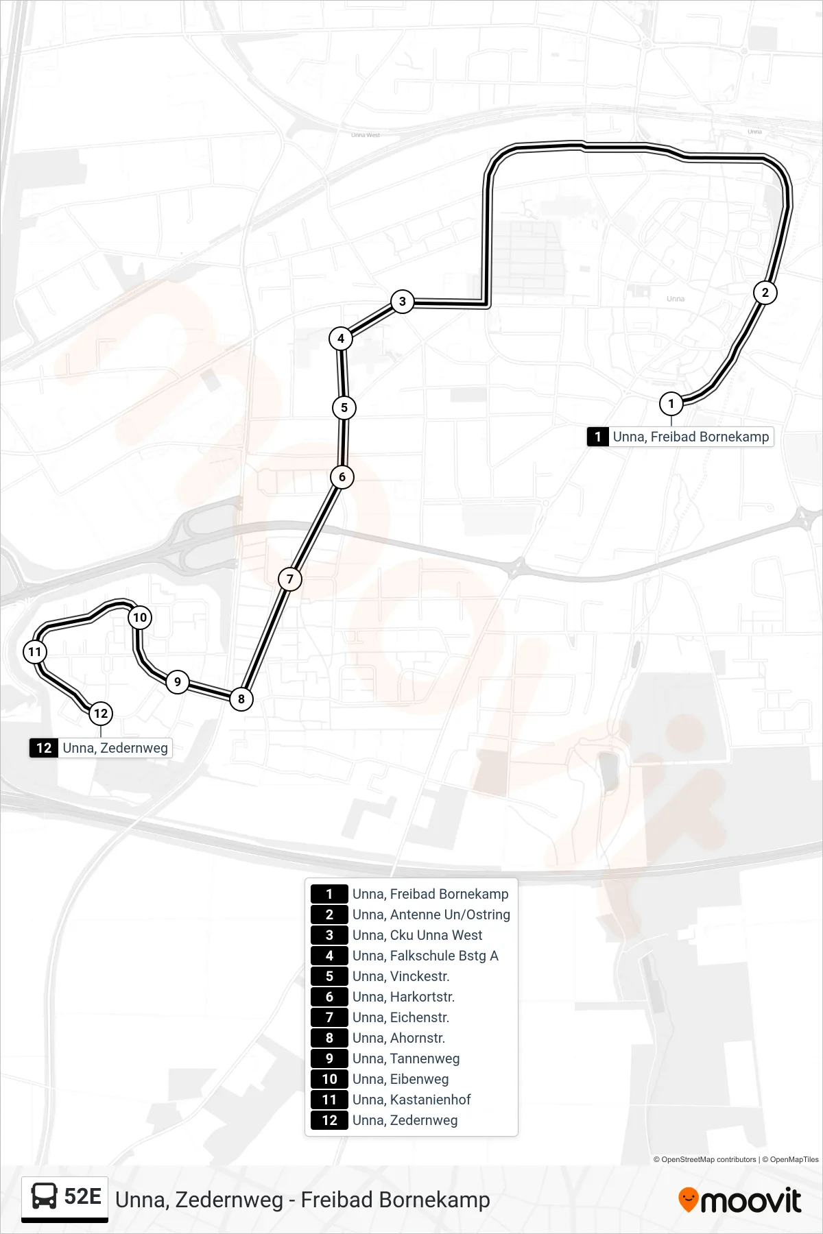 Linie 52E (Bus) Richtung Unna, Zedernweg: Route und Haltestellen auf der Karte