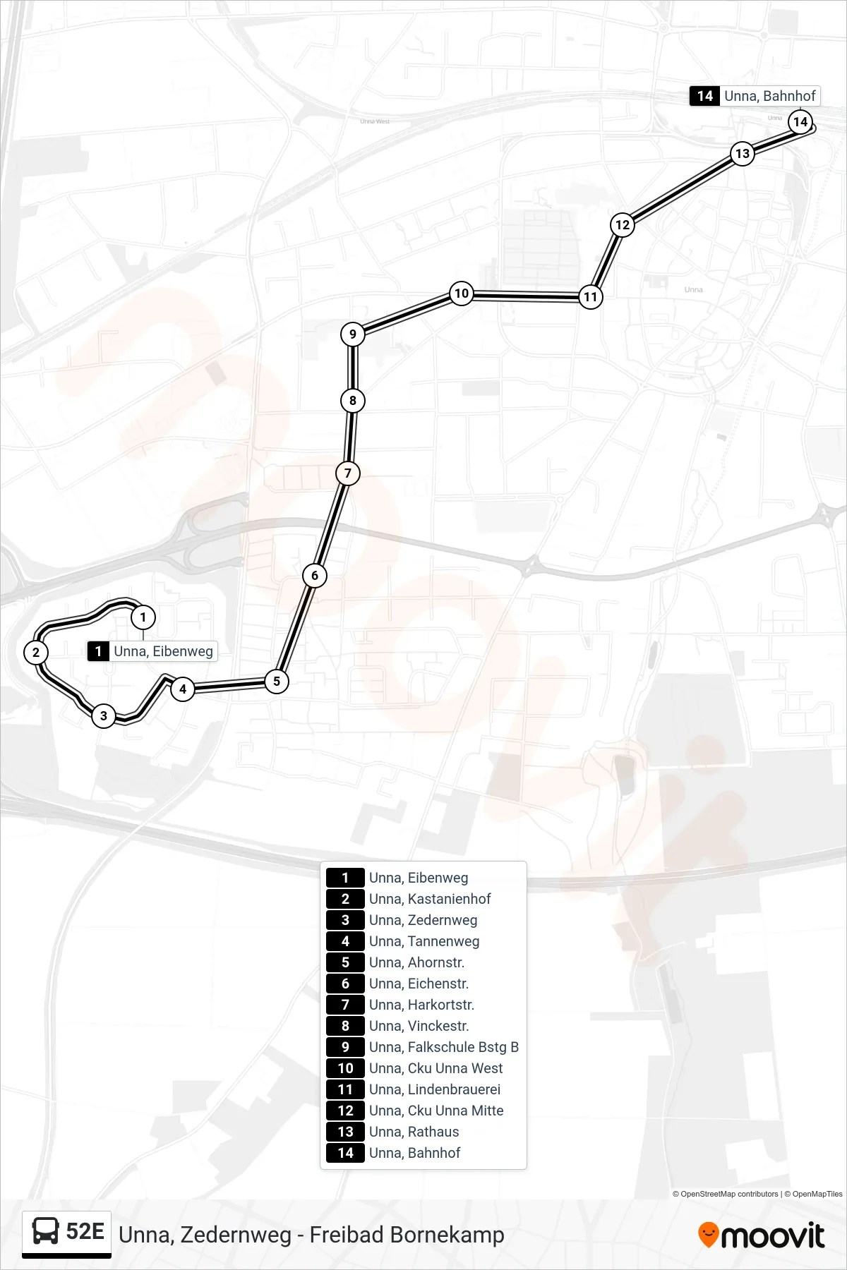 Linie 52E (Bus) Richtung Unna, Bahnhof D: Route und Haltestellen auf der Karte