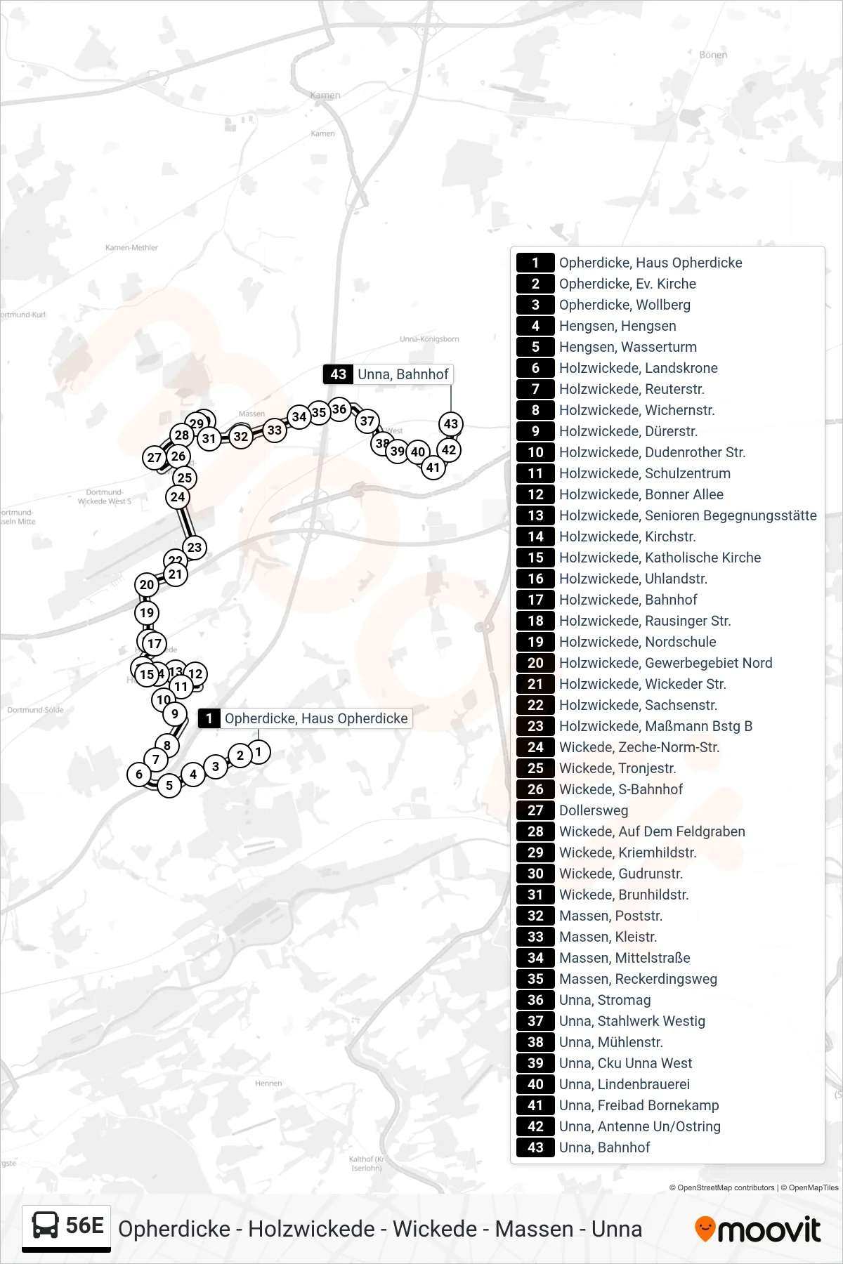 56E bus Line (Unna, Bahnhof B) route and stops on a map