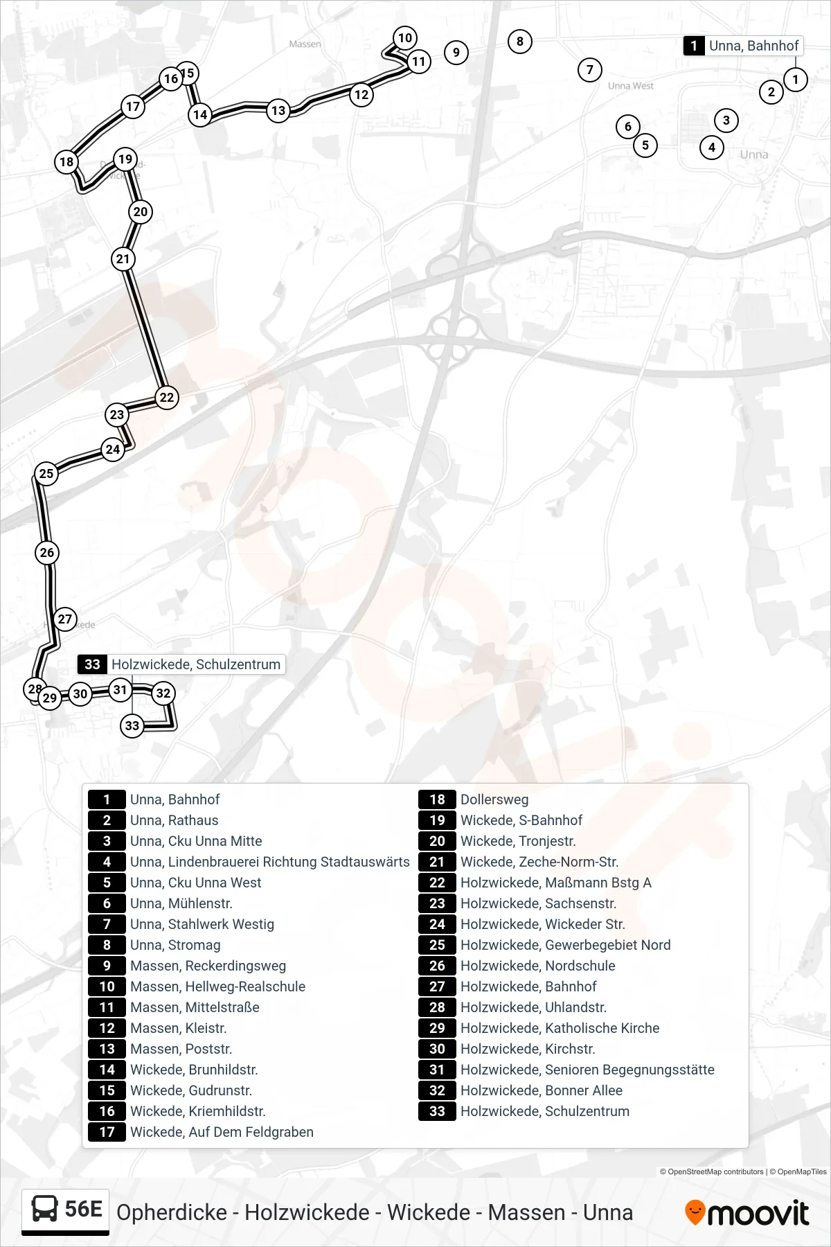 Linie 56E (Bus) Richtung Holzwickede, Schulzentrum: Route und Haltestellen auf der Karte