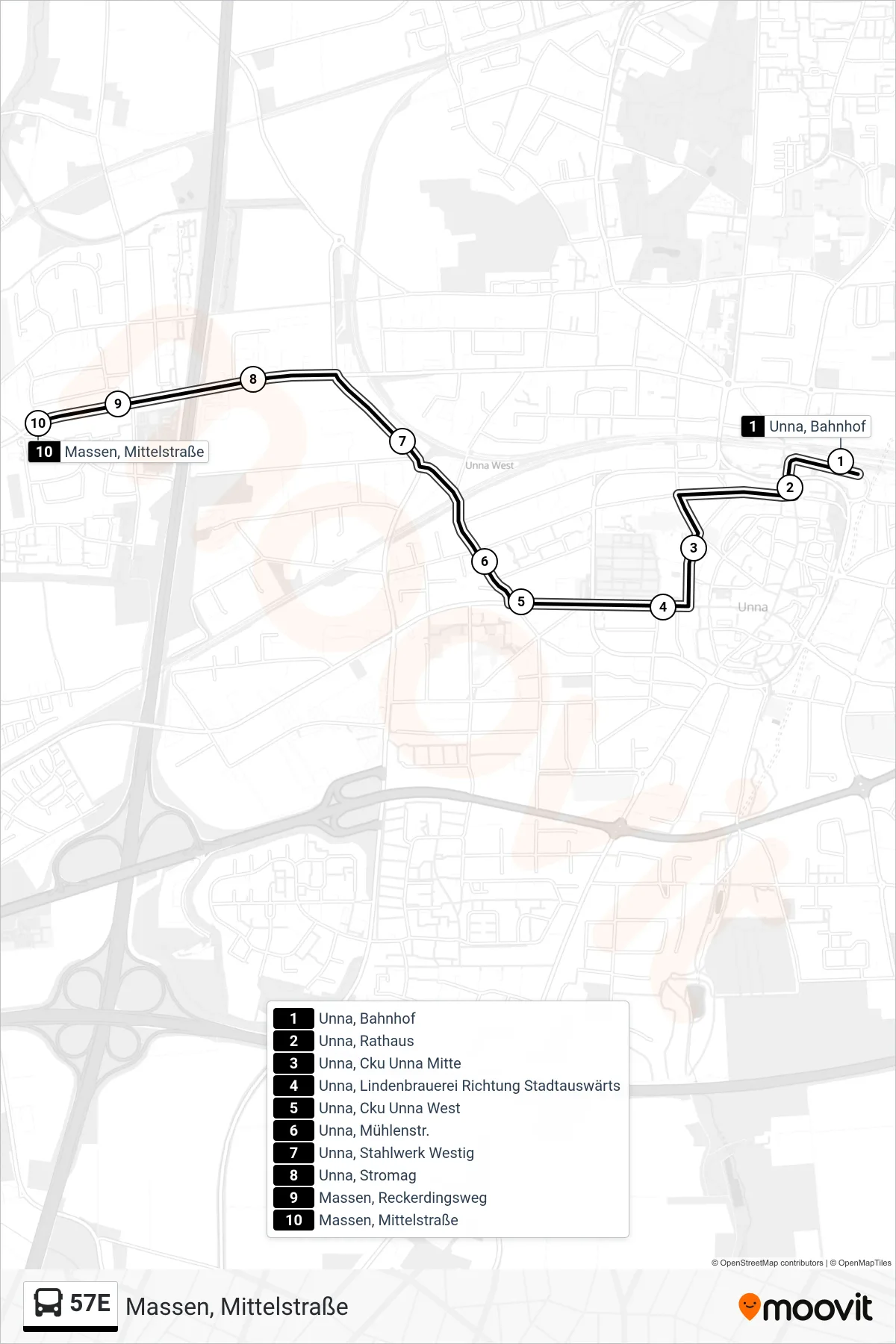 Linie 57E (Bus) Richtung Massen, Mittelstraße: Route und Haltestellen auf der Karte