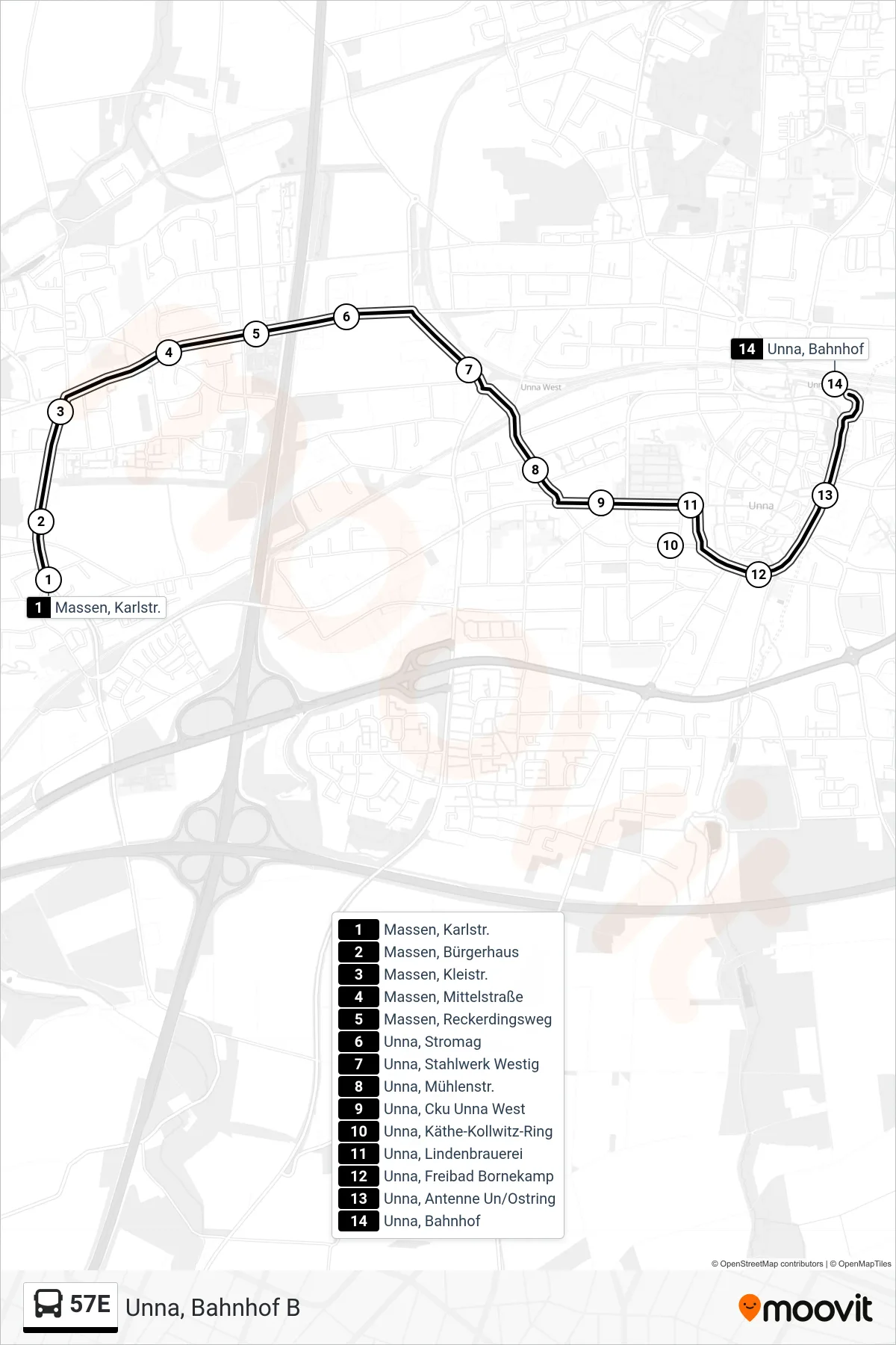 Linie 57E (Bus) Richtung Unna, Bahnhof B: Route und Haltestellen auf der Karte