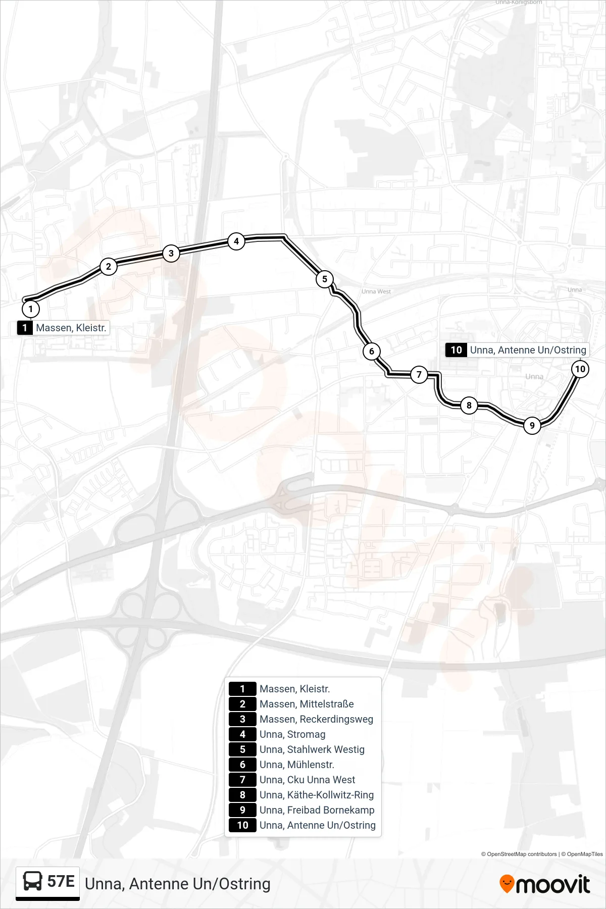 Linie 57E (Bus) Richtung Unna, Antenne Un/Ostring: Route und Haltestellen auf der Karte