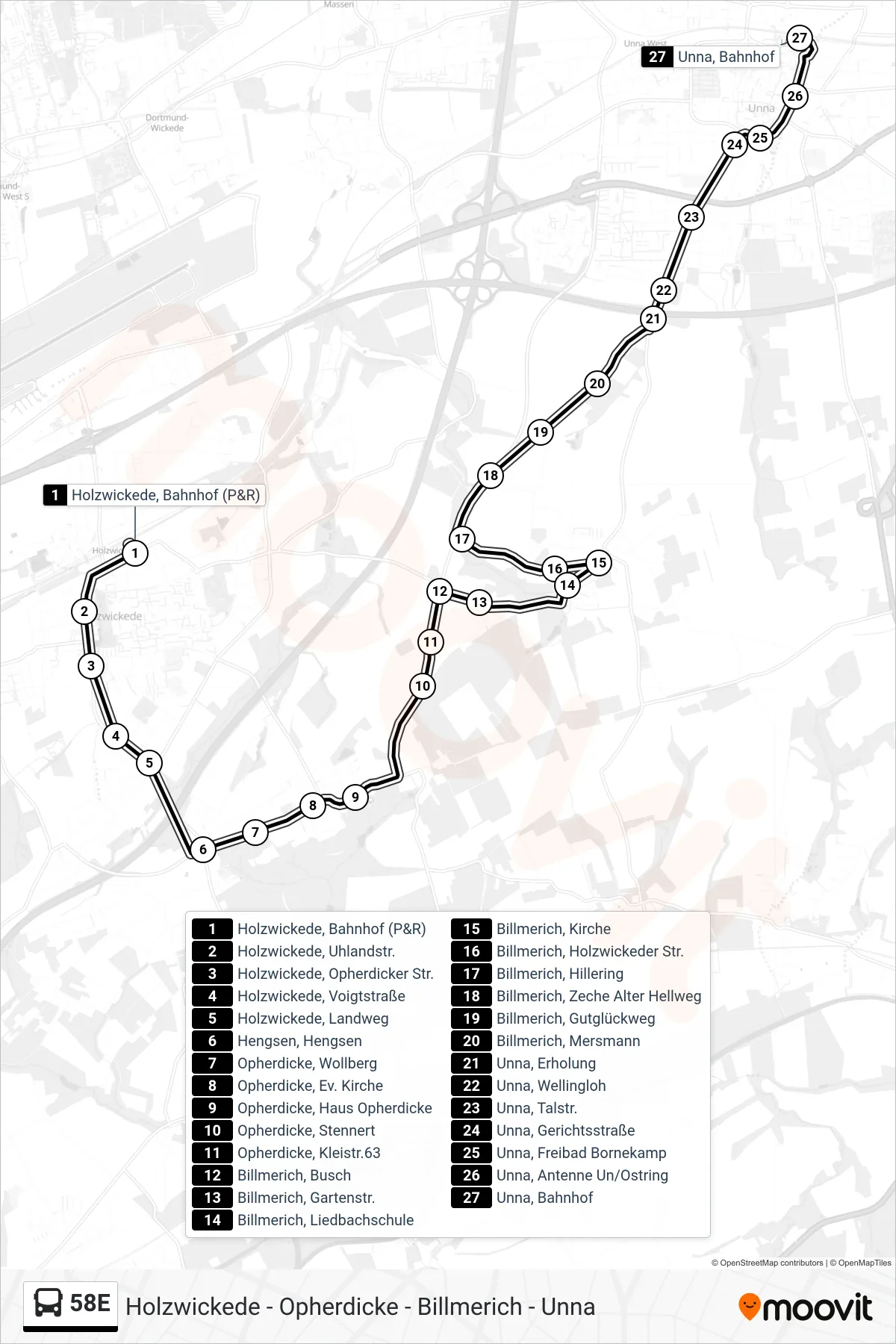 58E bus Line (Unna, Bahnhof B) route and stops on a map