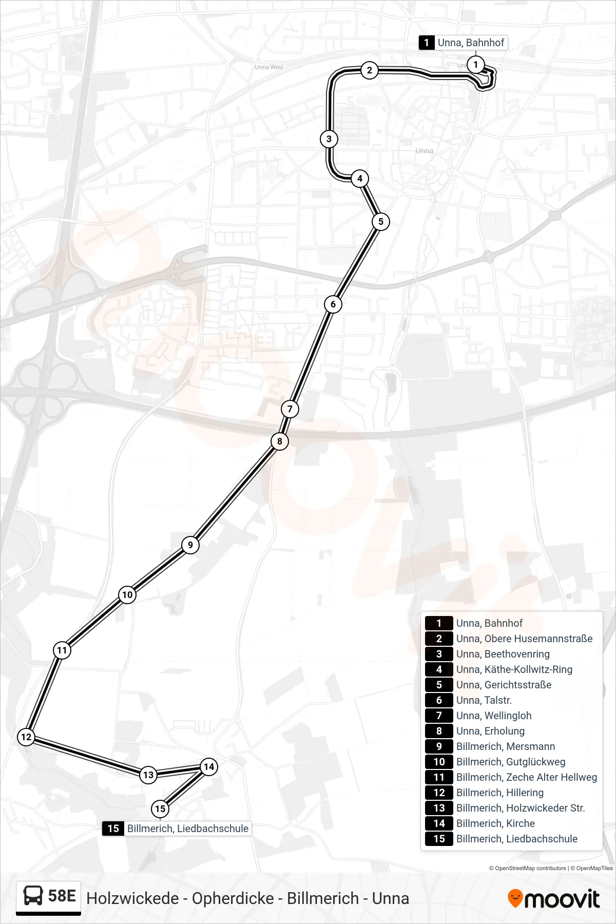 58E bus Line (Billmerich, Liedbachschule) route and stops on a map
