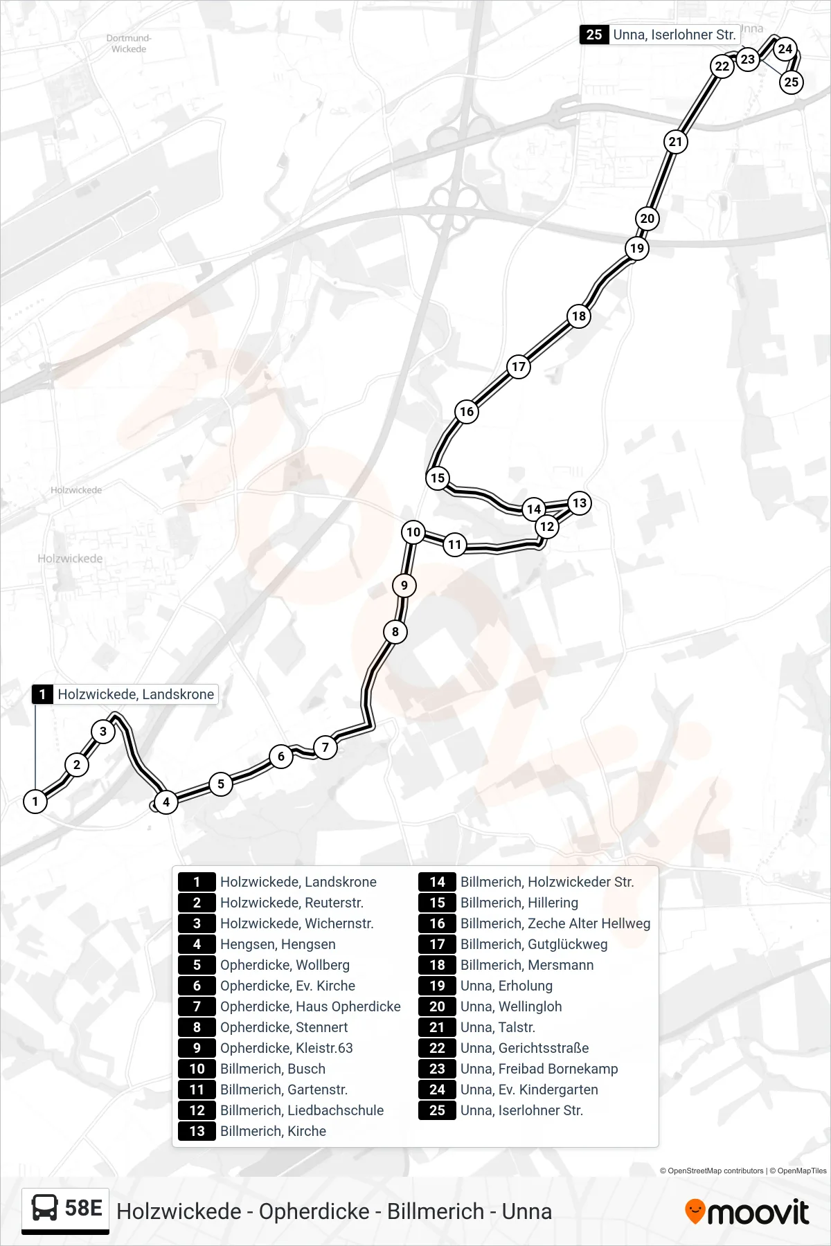 58E bus Line (Unna, Iserlohner Str.) route and stops on a map